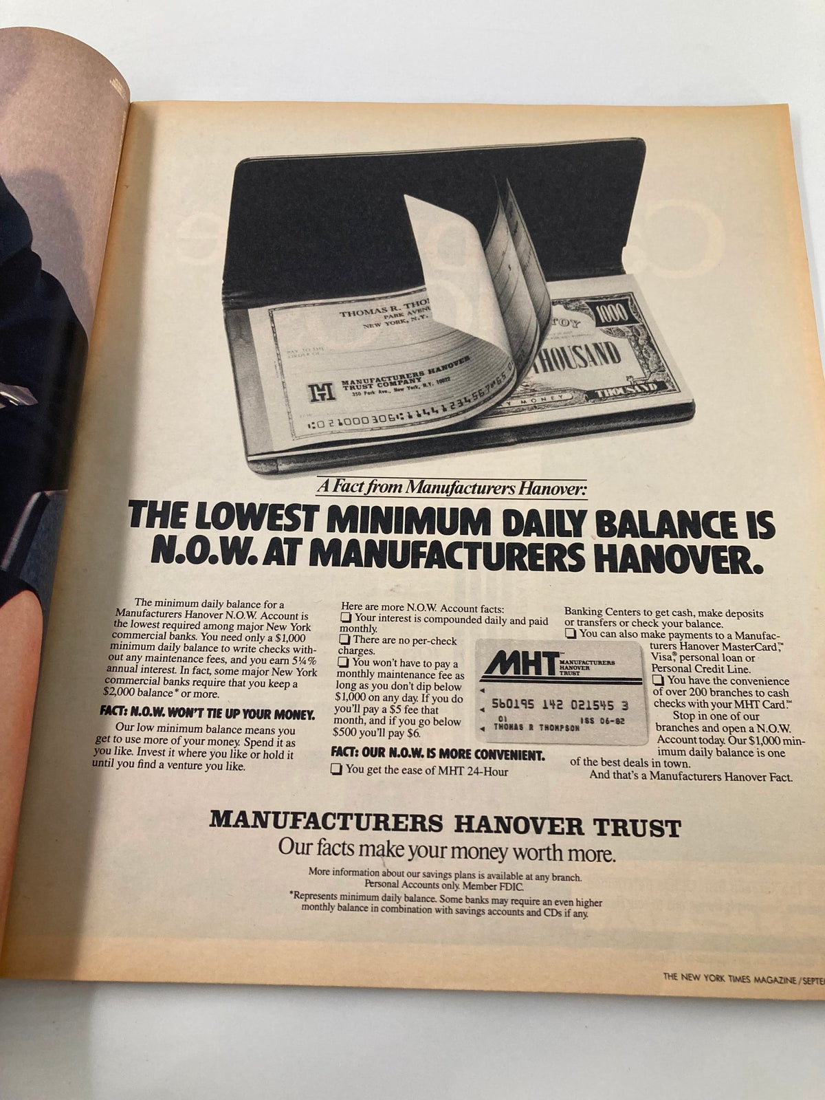 Vintage advertisement from VTG The New York Times Magazine September 19 1982 by Manufacturers Hanover, promoting a new account product.