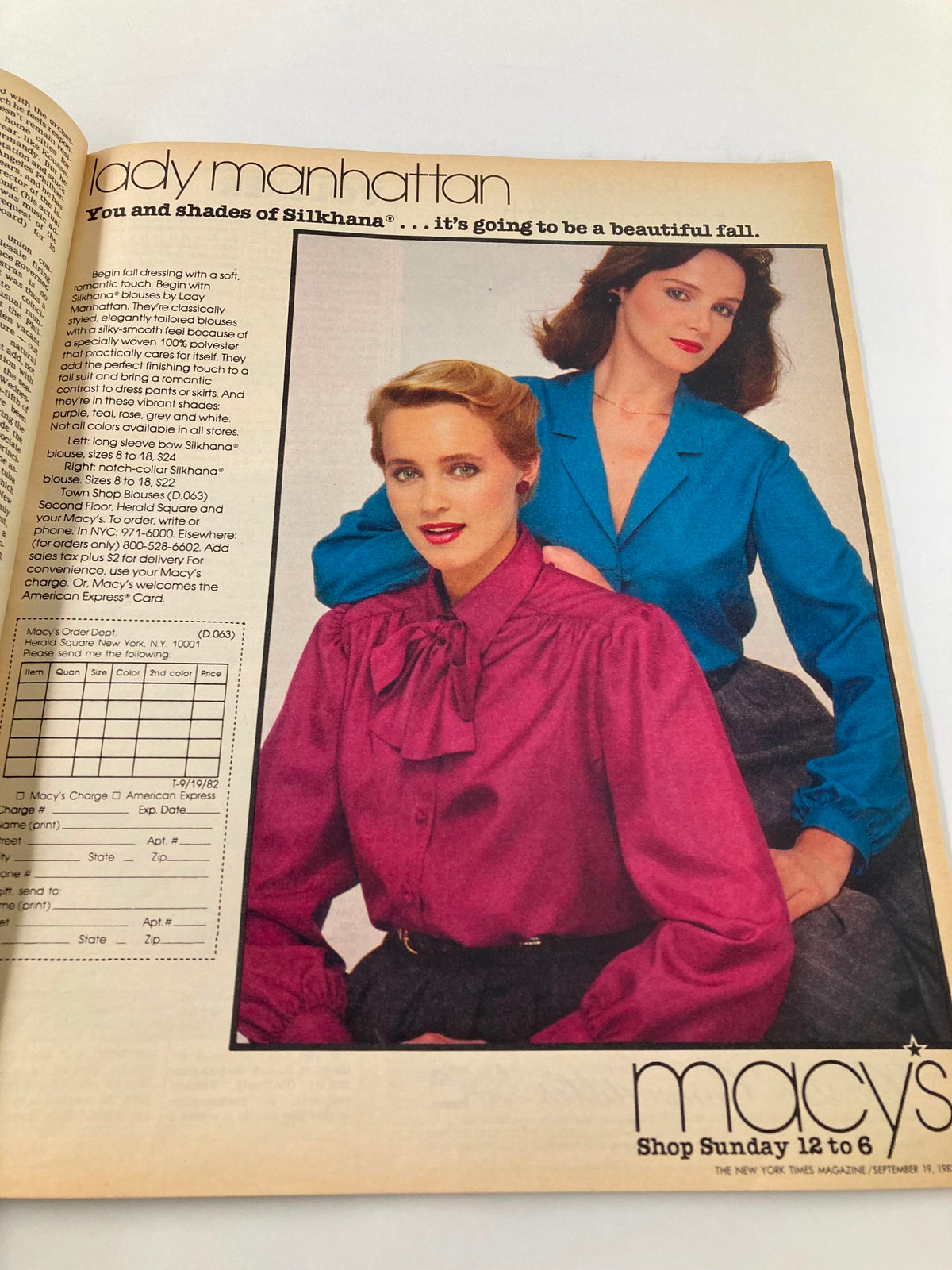 Fashion advertisement in VTG The New York Times Magazine September 19 1982 featuring two models showcasing Lady Manhattan blouses.
