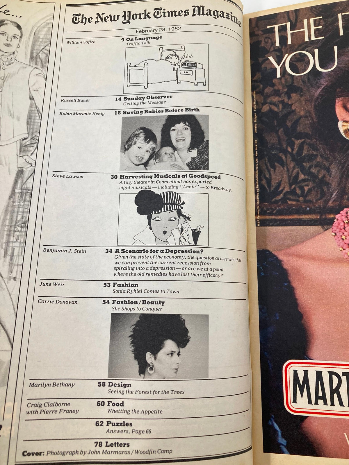 Interior page of VTG The New York Times Magazine from February 28, 1982, displaying the table of contents with featured articles such as 'On Language' and 'Saving Babies Before Birth'.