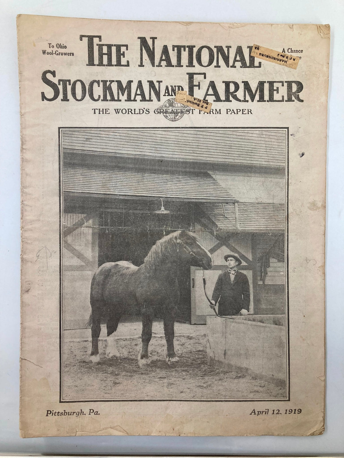 Cover of VTG The National Stockman and Farmer magazine from April 12, 1919 featuring a horse and farm scene.