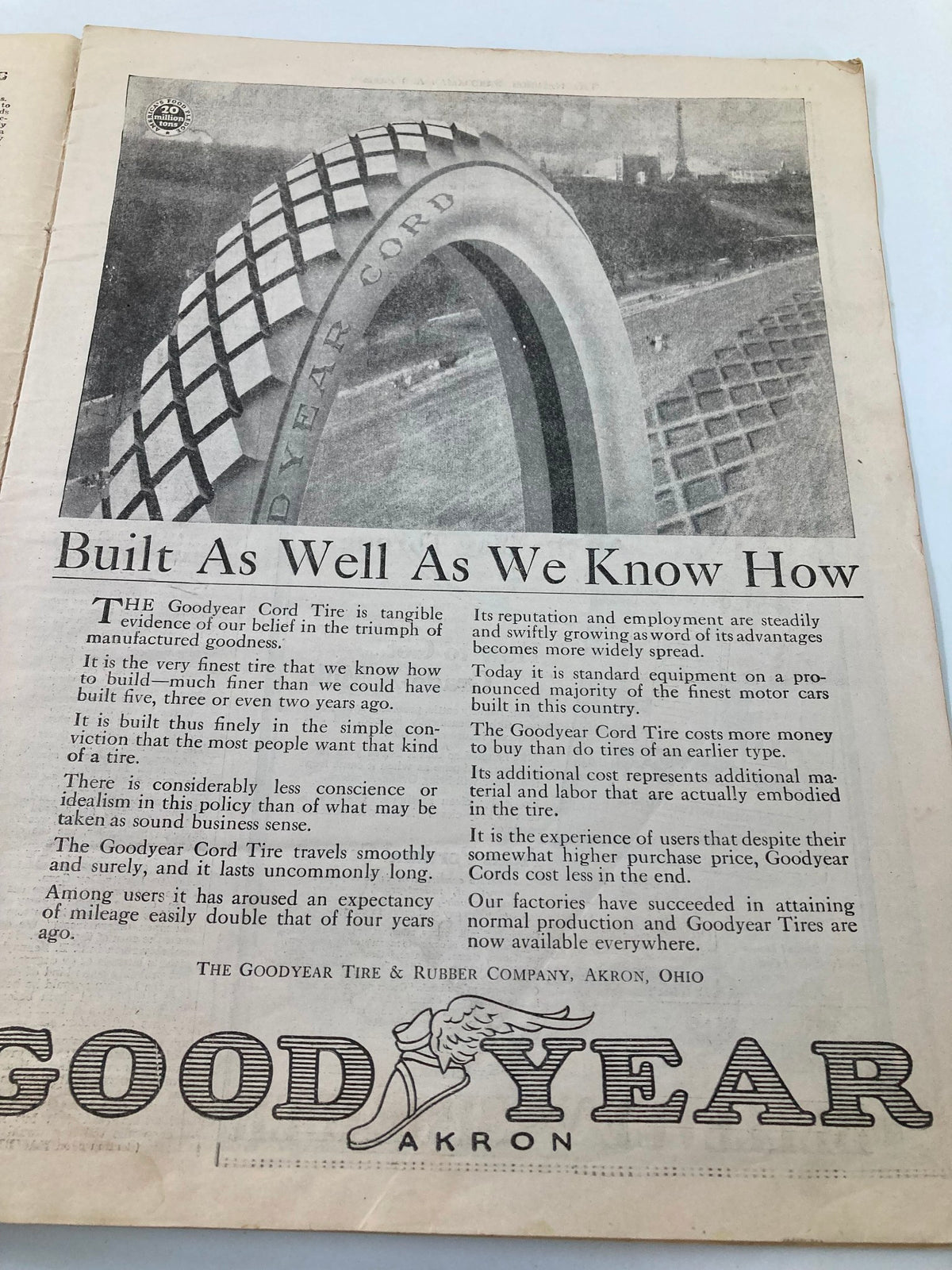 Advertisement for Goodyear Cord Tires inside the VTG The National Stockman and Farmer magazine, highlighting its quality and craftsmanship.
