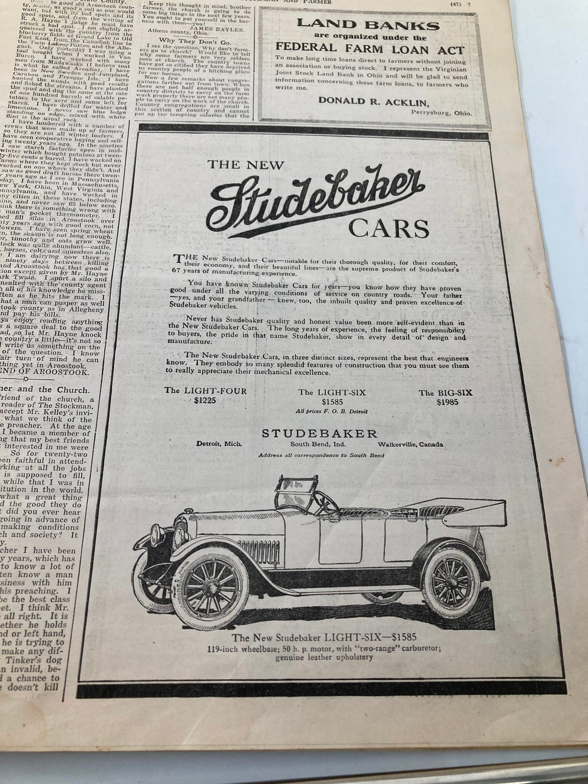 Vintage advertisement for The New Studebaker Cars featured in VTG The National Stockman and Farmer magazine, showcasing early 20th-century automotive design with a classic car illustration.
