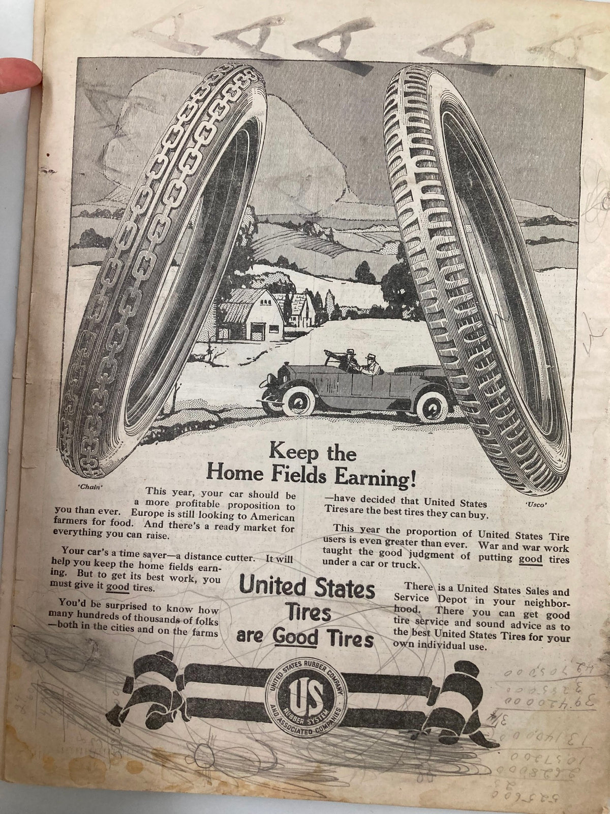 Advertisement for United States Tires in VTG The National Stockman and Farmer magazine, highlighting the quality and benefits of United States Tires for early automobiles.