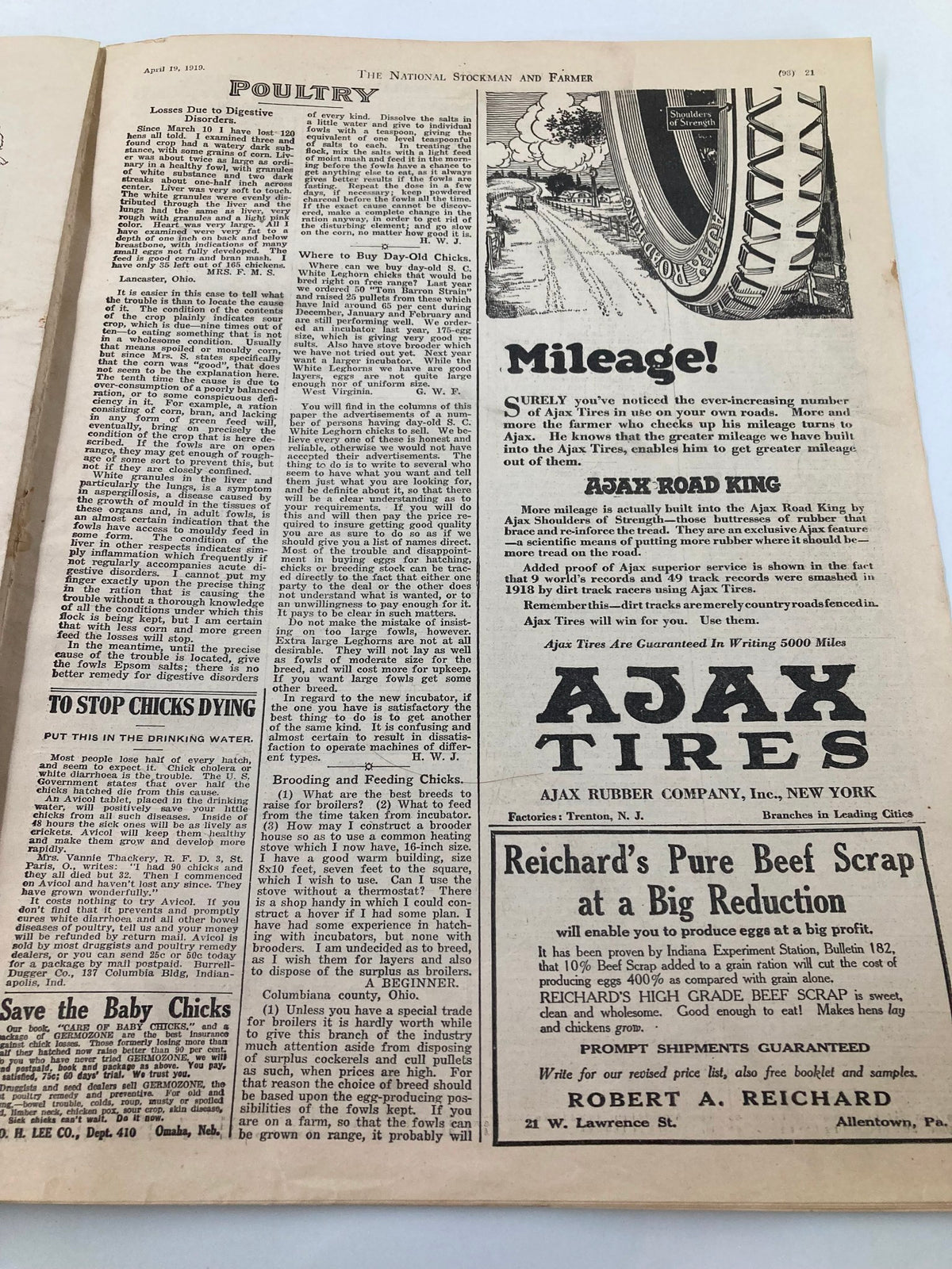 Interior page of VTG The National Stockman and Farmer dated April 19, 1919, featuring articles on poultry and agricultural practices from the early 20th century.