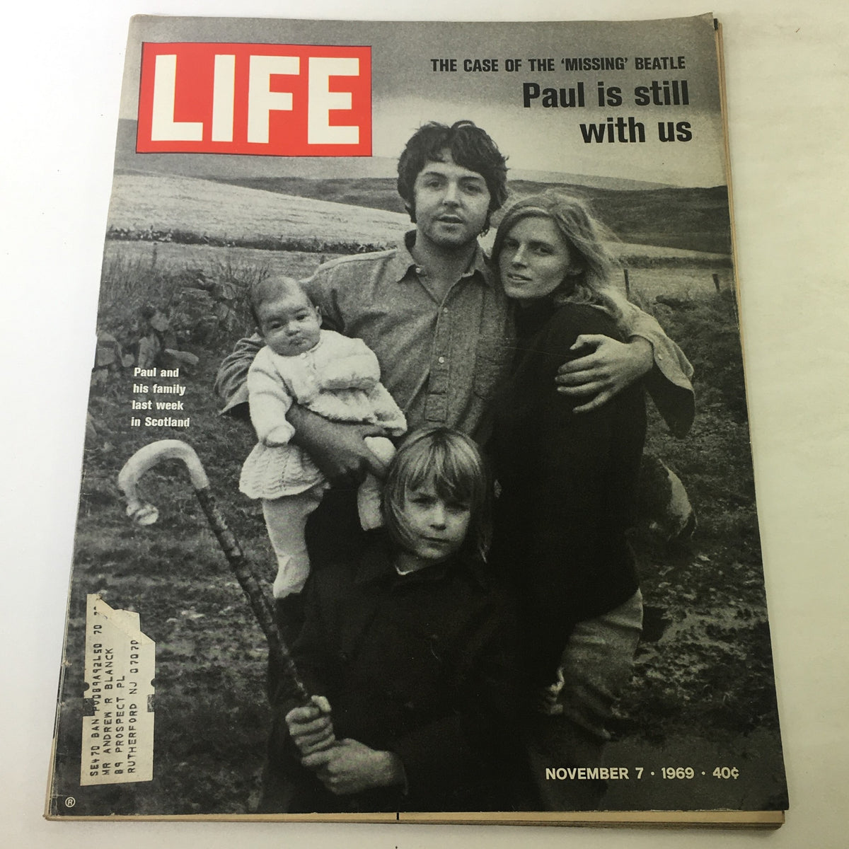 Vintage Life Magazine cover from November 7, 1969, featuring Paul McCartney and his family in Scotland. The issue highlights McCartney's personal life during a significant cultural moment.