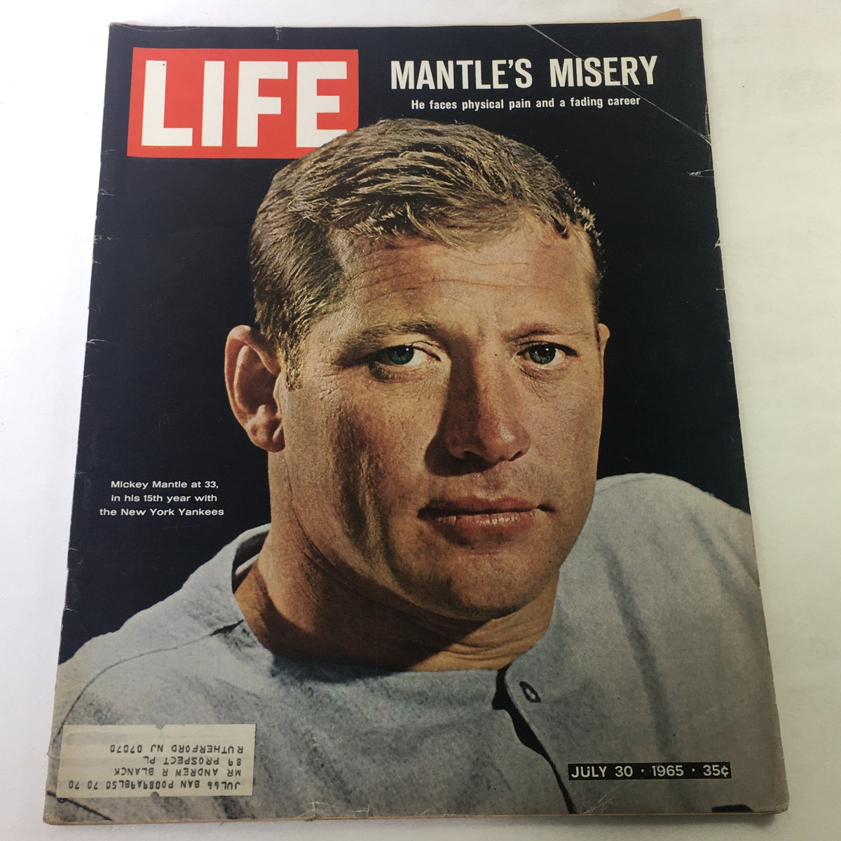 Cover of VTG Life Magazine from July 10, 1965 featuring Mickey Mantle, highlighting his struggles with the New York Yankees during a challenging period in his career.