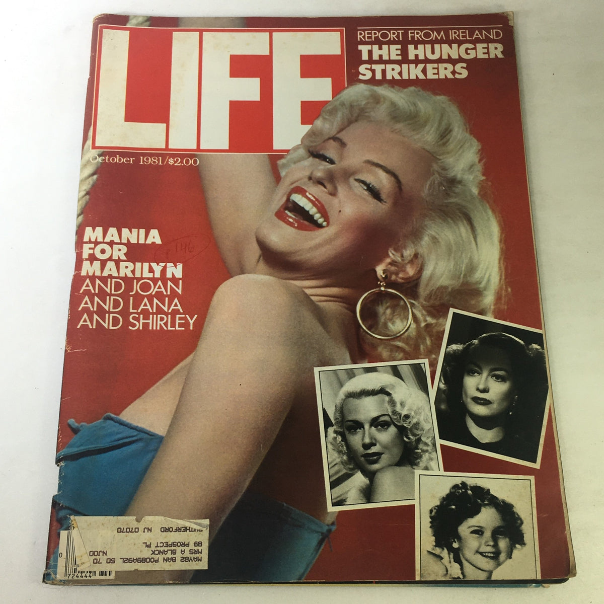 Cover of VTG Life Magazine October 1981 featuring Marilyn Monroe, titled 'Mania for Marilyn and Joan and Lana and Shirley', showcasing iconic Hollywood stars.