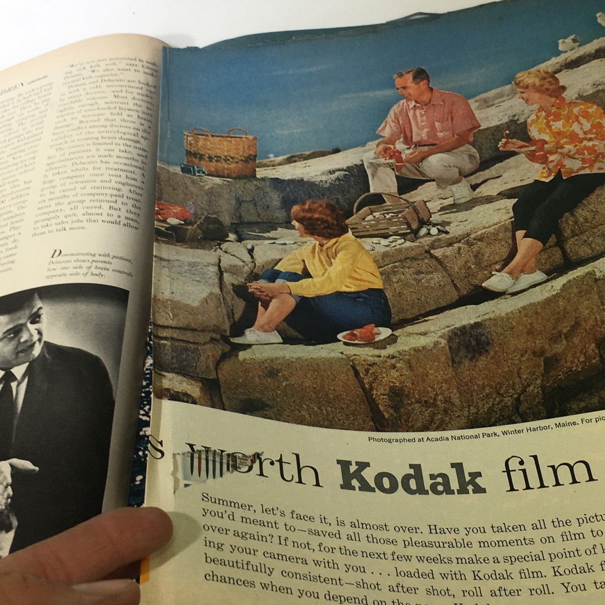 Interior page of Life Magazine, August 23, 1963, depicting a family enjoying a beach picnic with Kodak film advertisement.