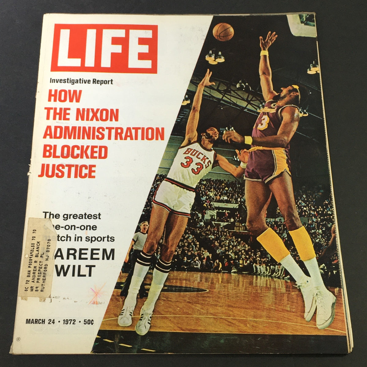 Vintage Life Magazine cover dated March 24, 1972, featuring NBA legends Kareem Abdul-Jabbar and Wilt Chamberlain, highlighting a significant one-on-one basketball match.