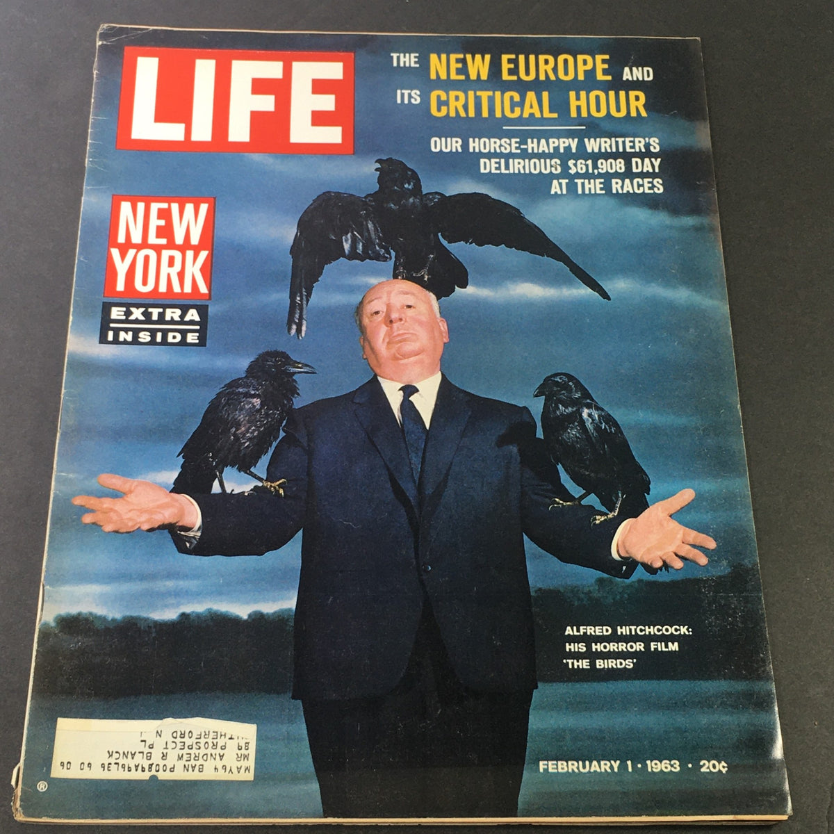 Cover of Life Magazine February 1, 1963 featuring Alfred Hitchcock with crows, highlighting his horror film 'The Birds'.