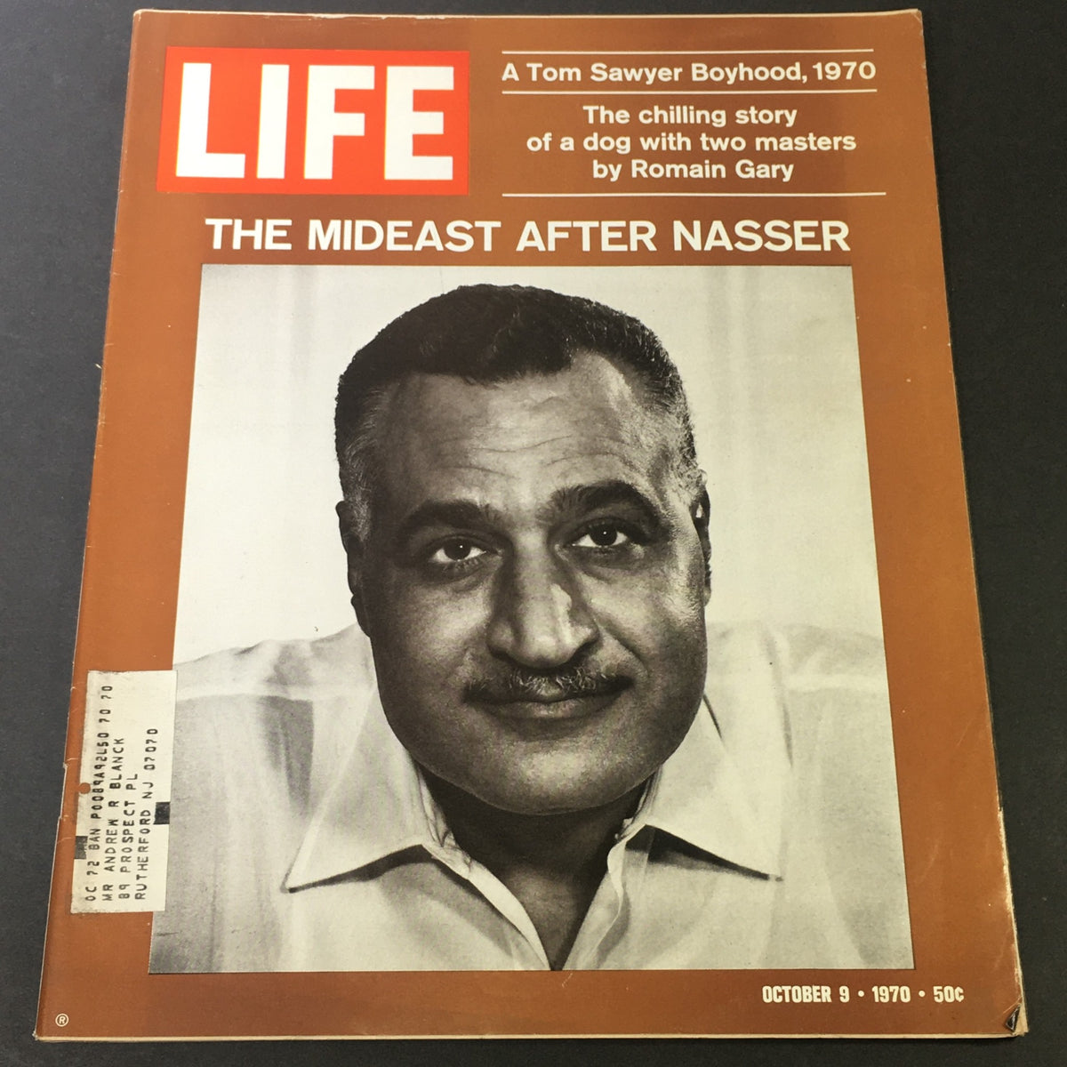 Cover of Life Magazine from October 9, 1970, featuring the title 'The Mideast After Nasser' along with an image of prominent figure Gamal Abdel Nasser.