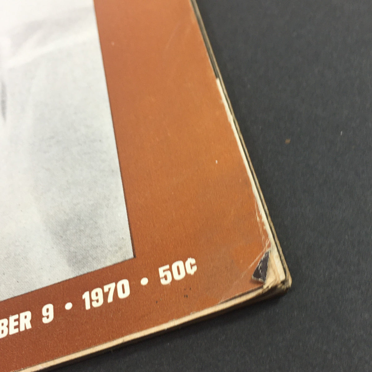 Close-up of the corner of the Life Magazine dated October 9, 1970, showing minor wear and highlighting the publication date and vintage charm.