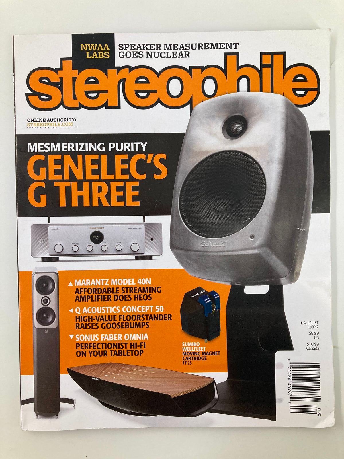 Stereophile Magazine August 2022 cover featuring Genelec's G Three speakers and audio equipment highlights, showcasing the theme 'Mesmerizing Purity'.