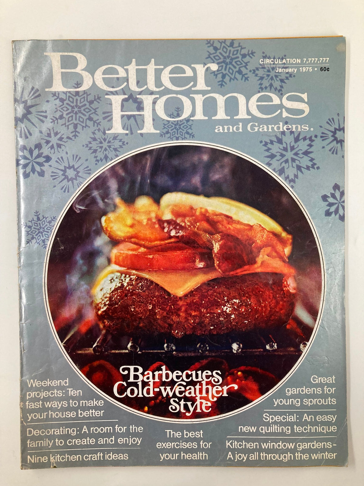 Cover of VTG Better Homes and Gardens Magazine January 1975 featuring Barbecues Cold-weather Style with vibrant images of food and winter-themed designs.
