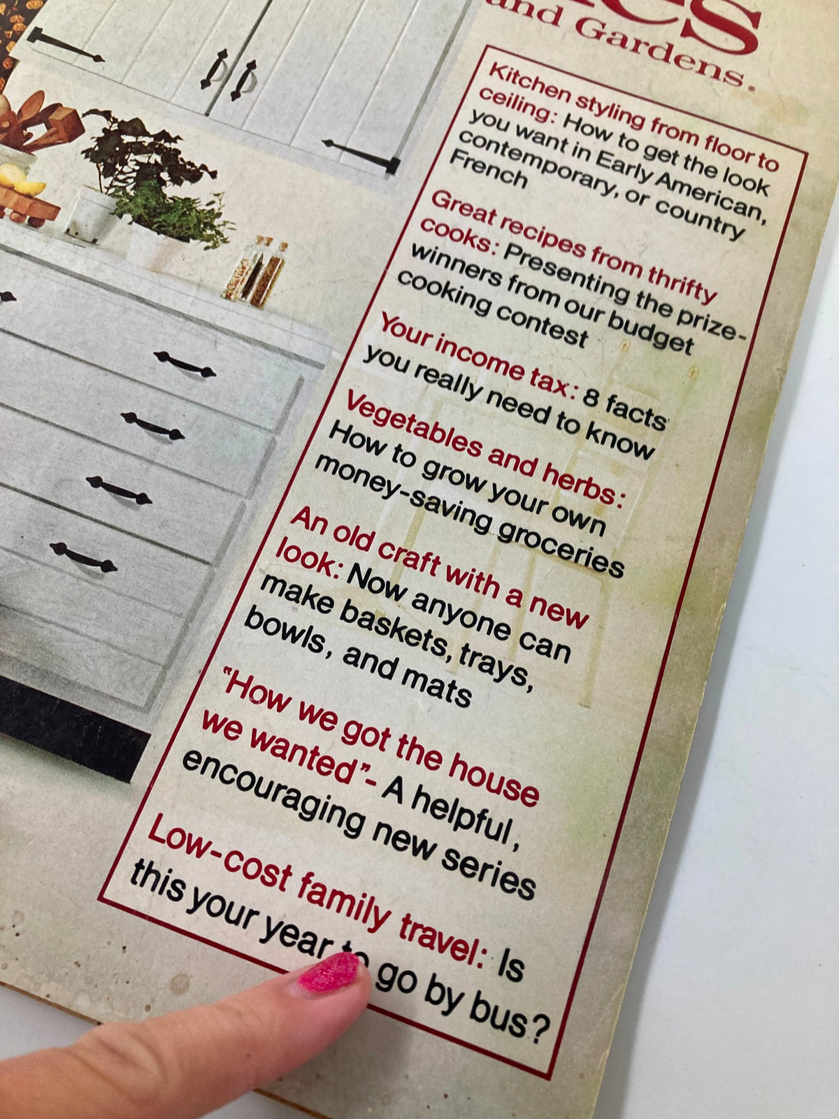 Close-up of the contents page of VTG Better Homes and Gardens Magazine February 1975 highlighting sections on family travel and recipes.