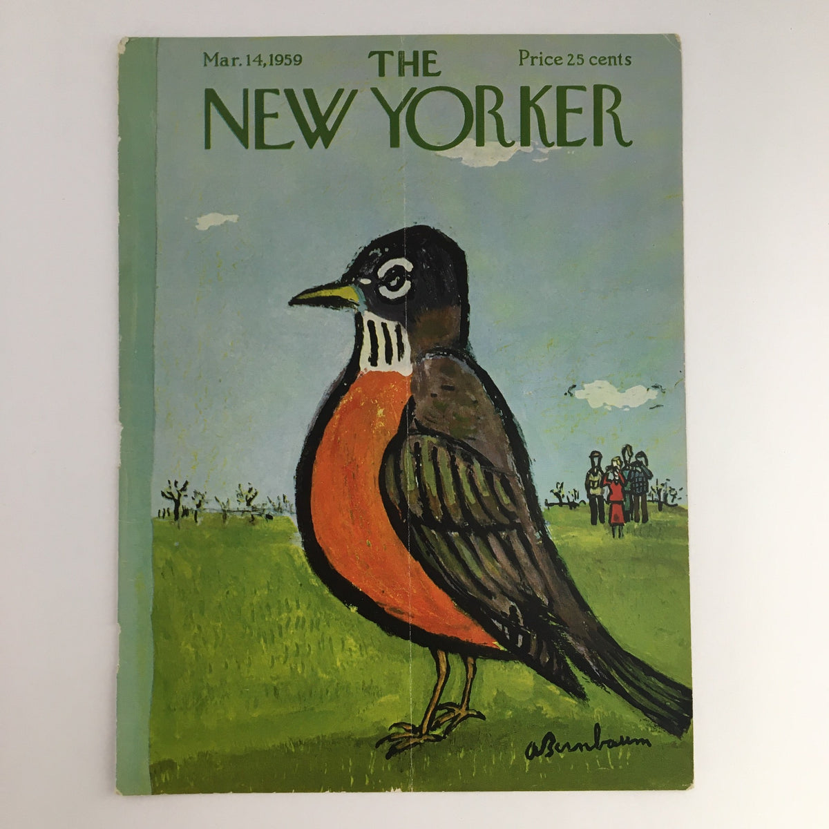 COVER ONLY The New Yorker March 14 1959 Full Cover Theme by Abe Birnbaum showcasing a vibrant robin illustration against a blue sky, with figures in the background.