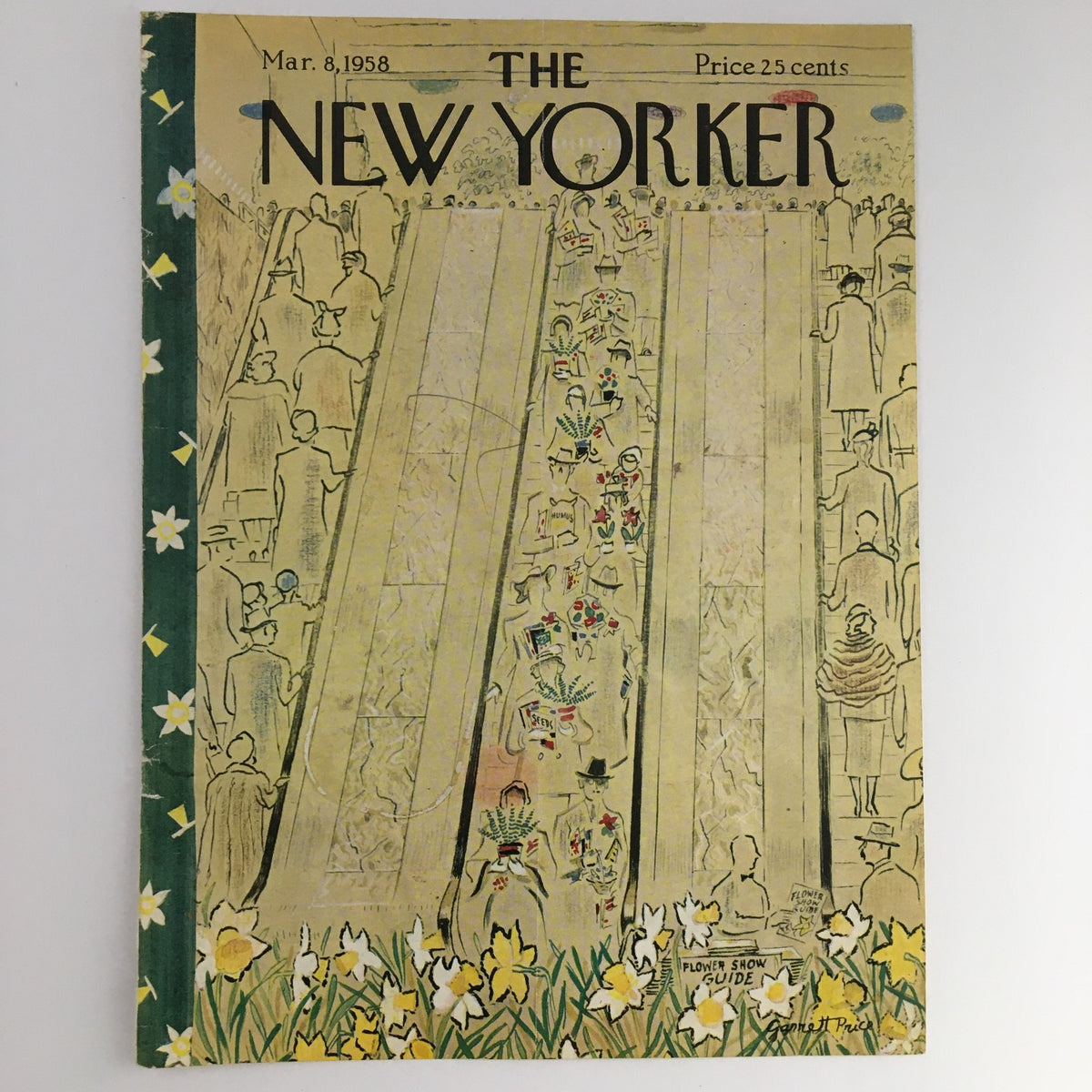 Cover of The New Yorker from March 8, 1958, featuring an artistic theme by Garrett Price, depicting a floral scene and people attending a parade.