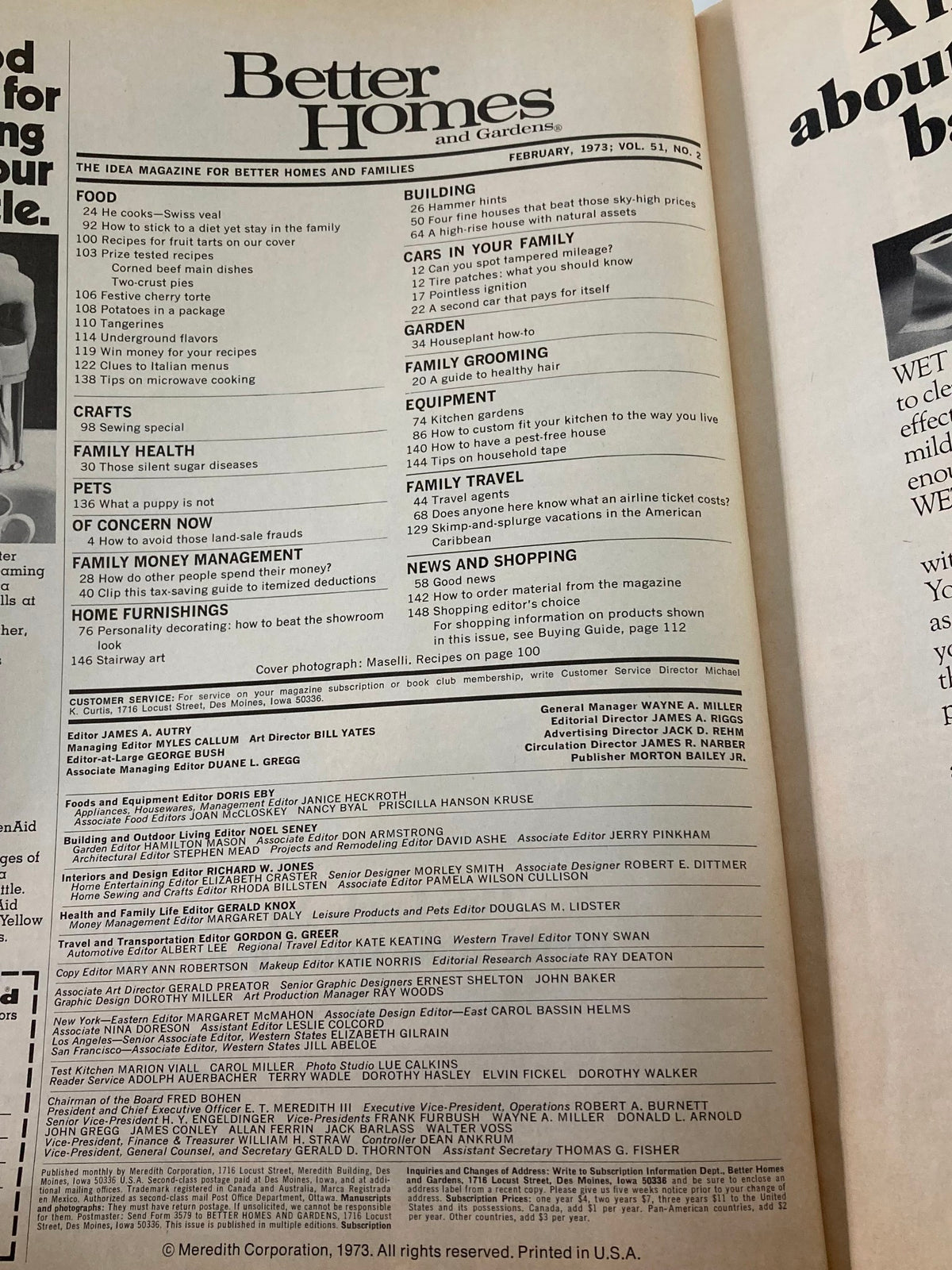 Interior page from the VTG Better Homes and Gardens Magazine February 1973 listing articles and features related to food, family, and health.