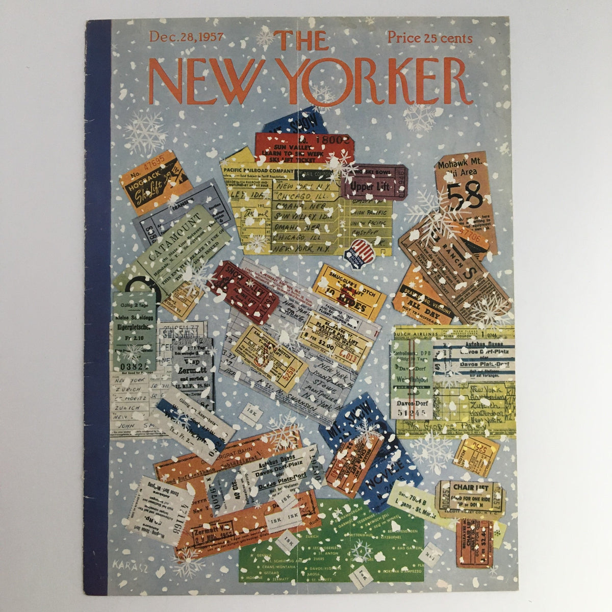 Front view of The New Yorker December 28 1957 cover showcasing vibrant ticket graphics amidst a snowy background, created by Ilonka Karasz.
