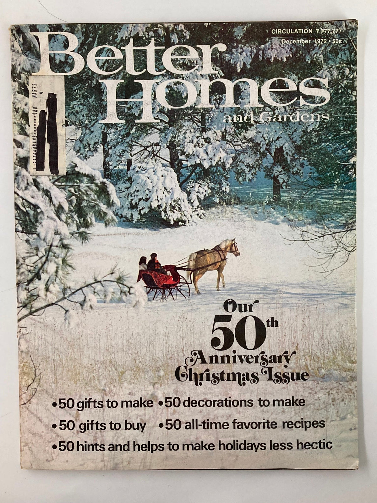 Cover of VTG Better Homes and Gardens Magazine December 1972 featuring a snowy outdoor scene with a horse-drawn sleigh and text highlighting 50th Anniversary Christmas issue