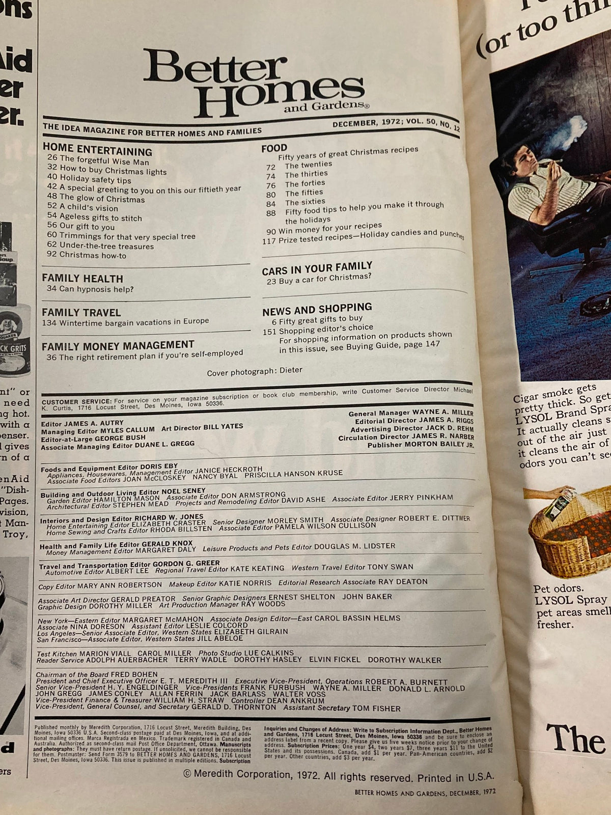 Table of contents page from VTG Better Homes and Gardens Magazine December 1972 listing various articles and topics featured in the issue, including family health and home entertaining