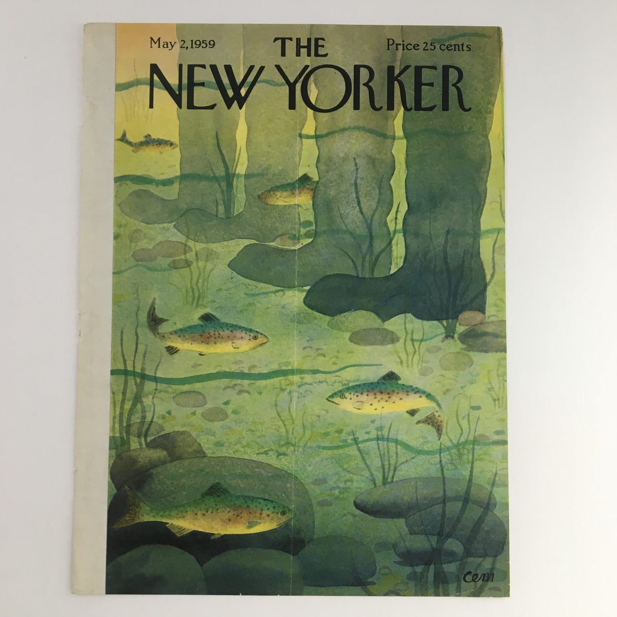 The New Yorker magazine cover from May 2, 1959. Illustrates an aquatic landscape with fish swimming amidst green plants and the silhouette of brown boots. Title prominently shown.