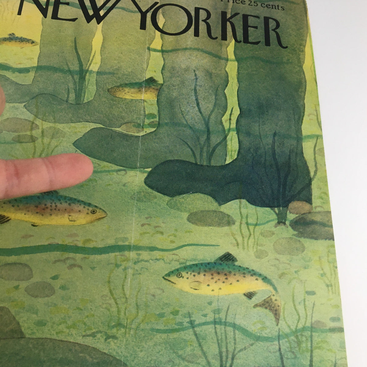 Detailed view of The New Yorker May 2, 1959 cover, showcasing an underwater scene with fish, rocks, and the bottom of brown boots, with the magazine title in bold.