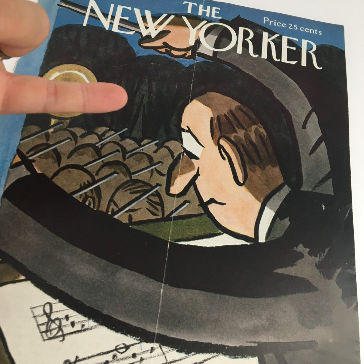 Close-up of The New Yorker June 27, 1959 cover, highlighting the conductor's profile by Peter Arno, with humorous details and a whimsical setting.