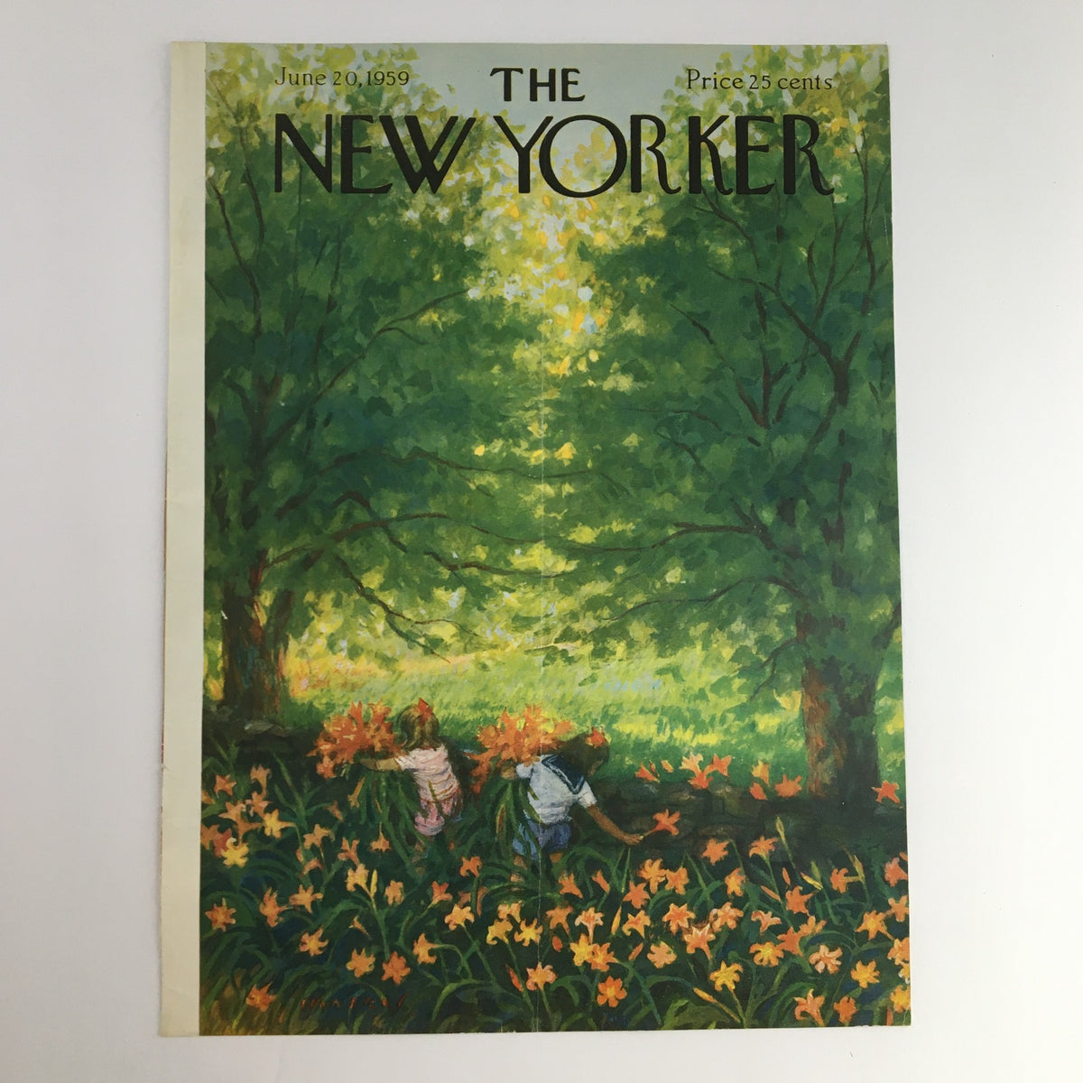 The New Yorker magazine cover from June 20, 1959, depicting two children in a vibrant garden filled with flowers, designed by Edna Eicke.