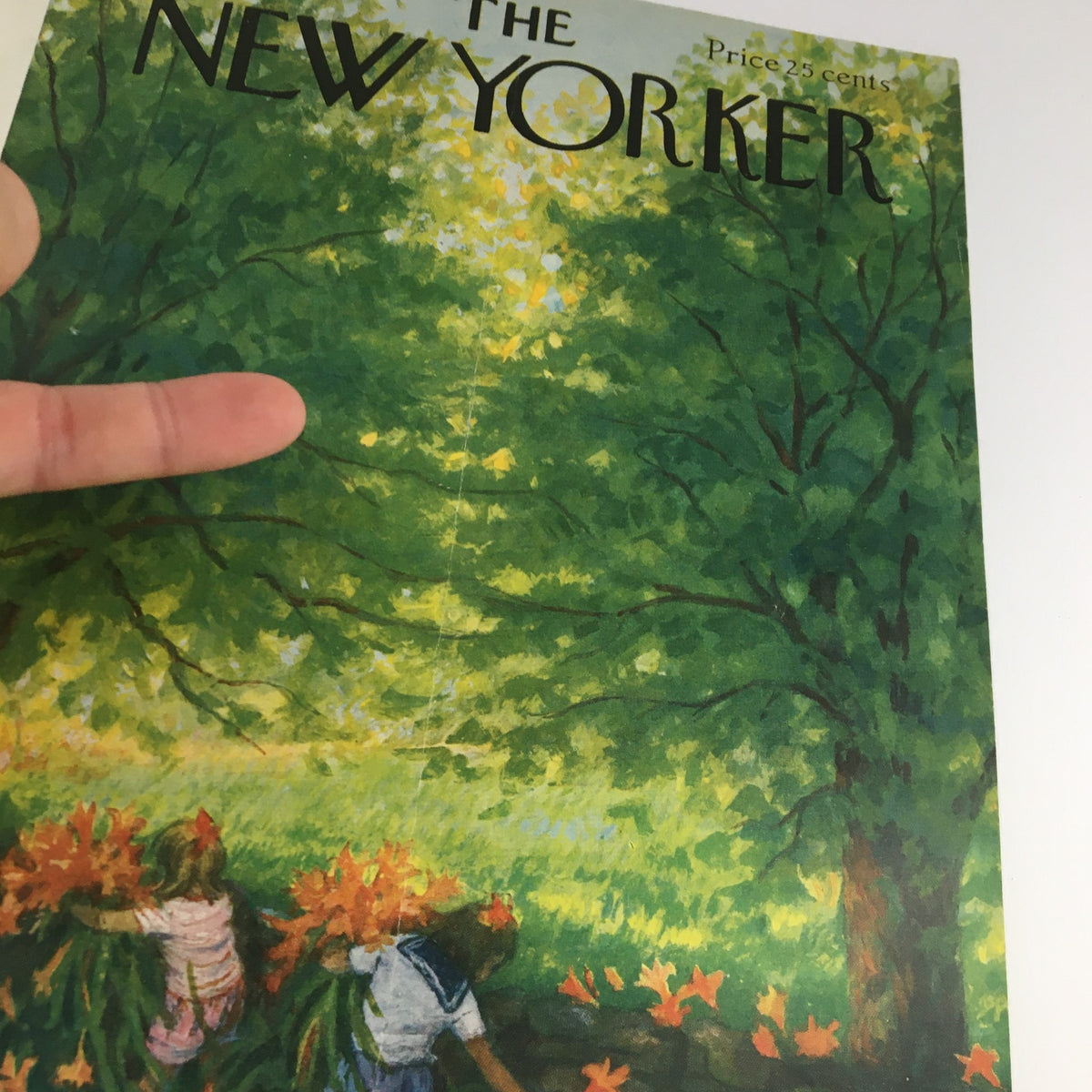 Close-up of The New Yorker cover from June 20, 1959, illustrating children picking flowers under a bright green canopy, artwork by Edna Eicke.