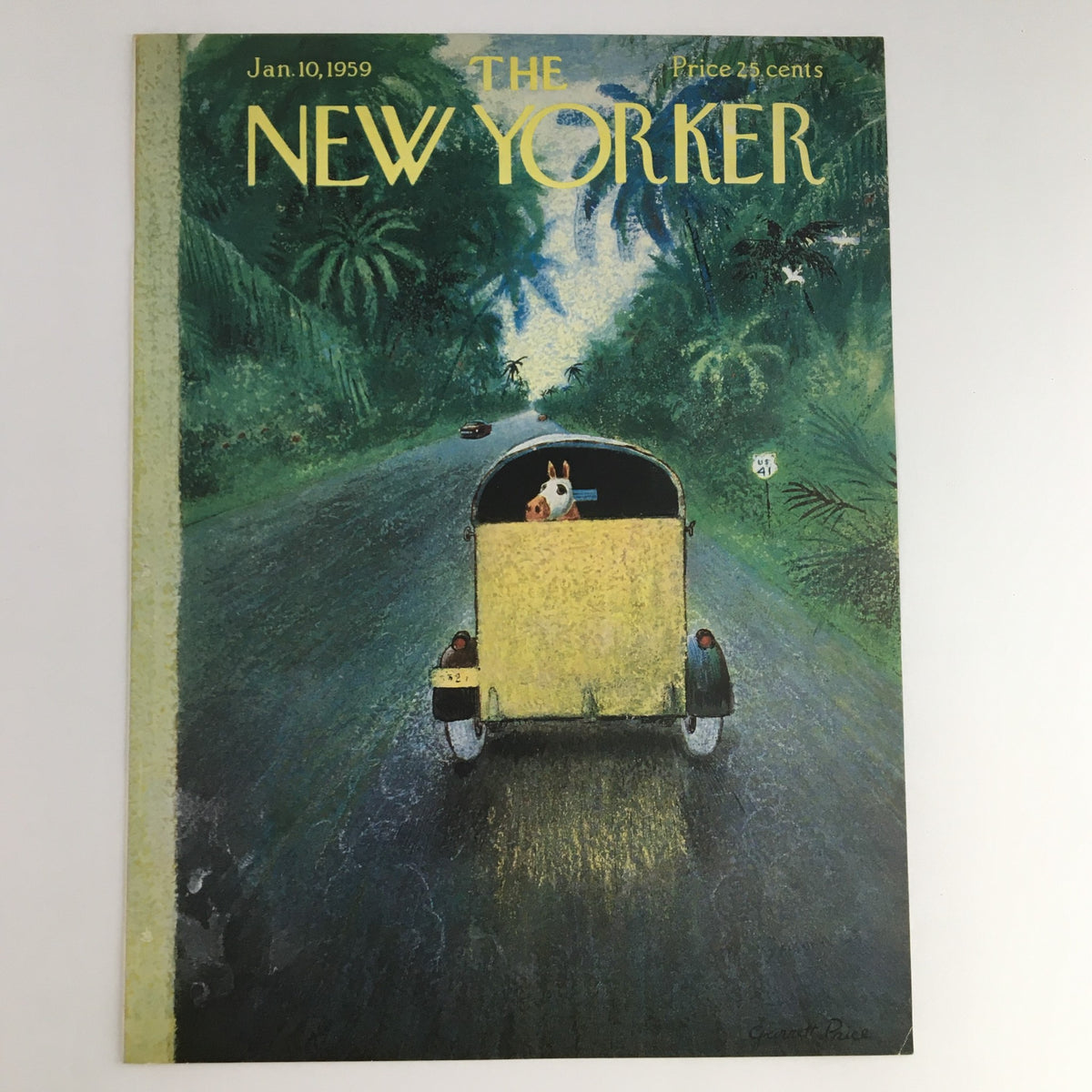 January 10, 1959 cover of The New Yorker with artistic design by Garrett Price. The image shows a vintage car on a tranquil road flanked by tropical foliage, featuring a dog peering from the yellow vehicle, capturing the essence of the late 1950s.