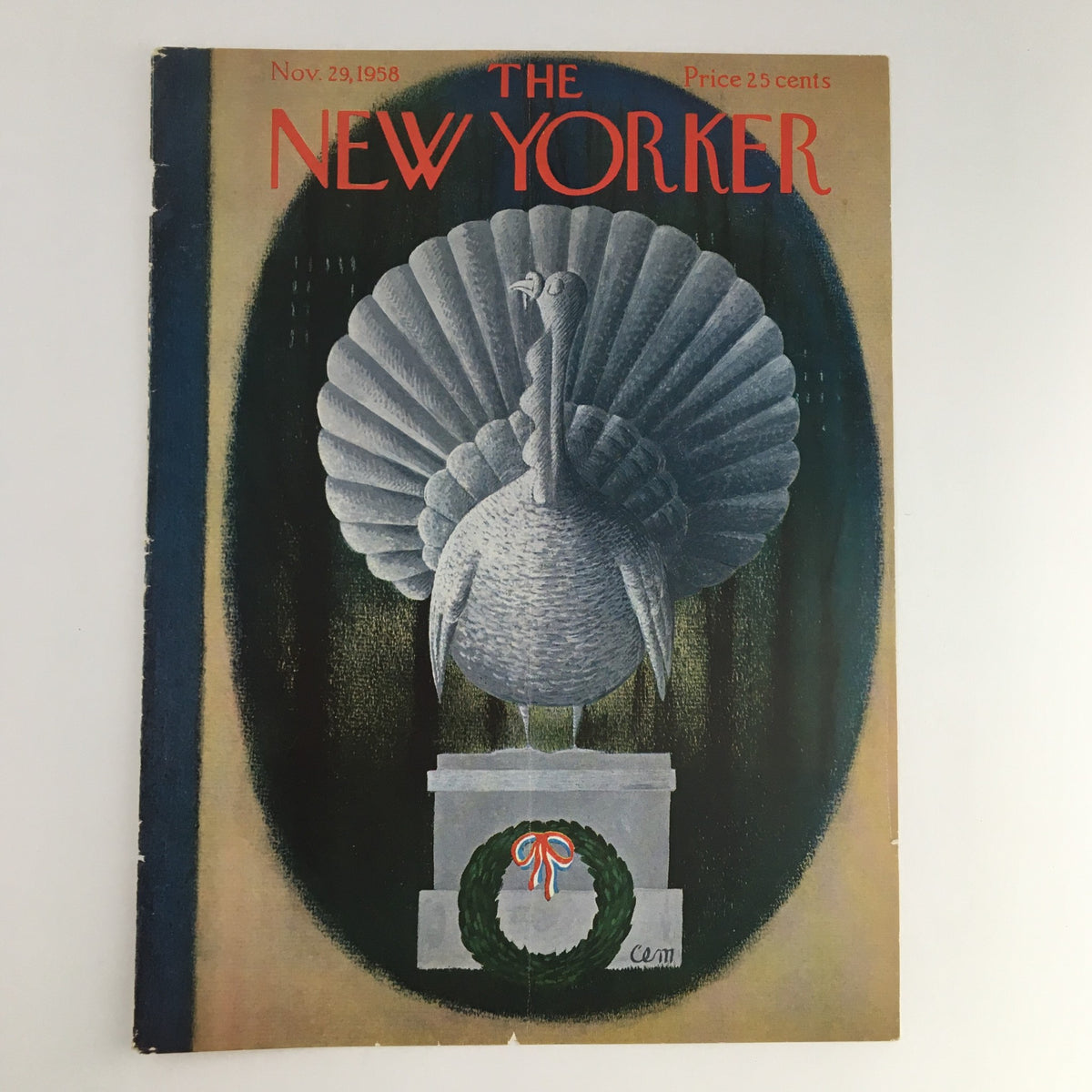Close-up view of The New Yorker November 29, 1958 cover art, showcasing the turkey statue and decorative wreath detail.