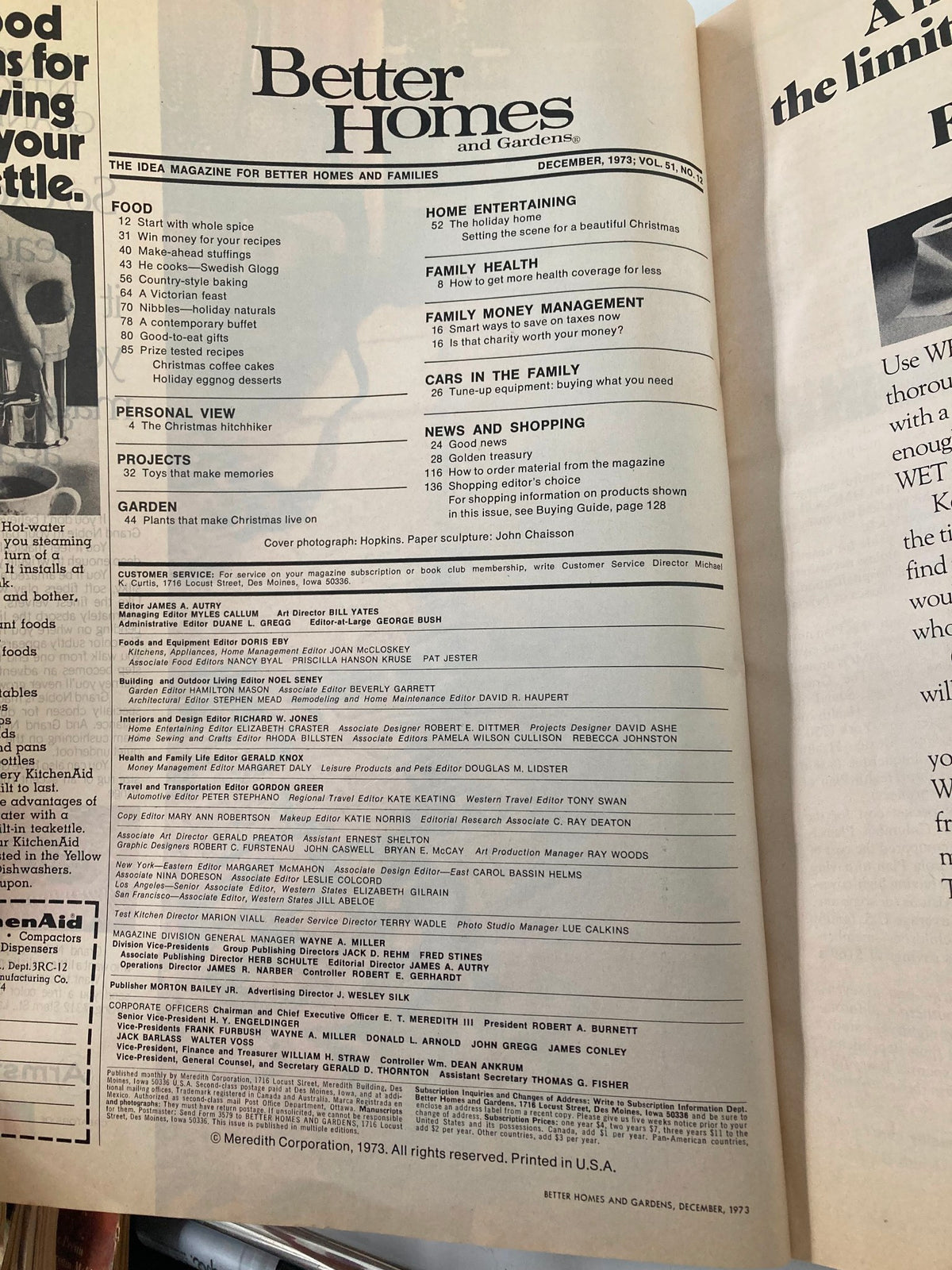 Interior page of VTG Better Homes and Gardens Magazine December 1973 displaying contents and articles featured in the issue, including home entertaining and family projects.