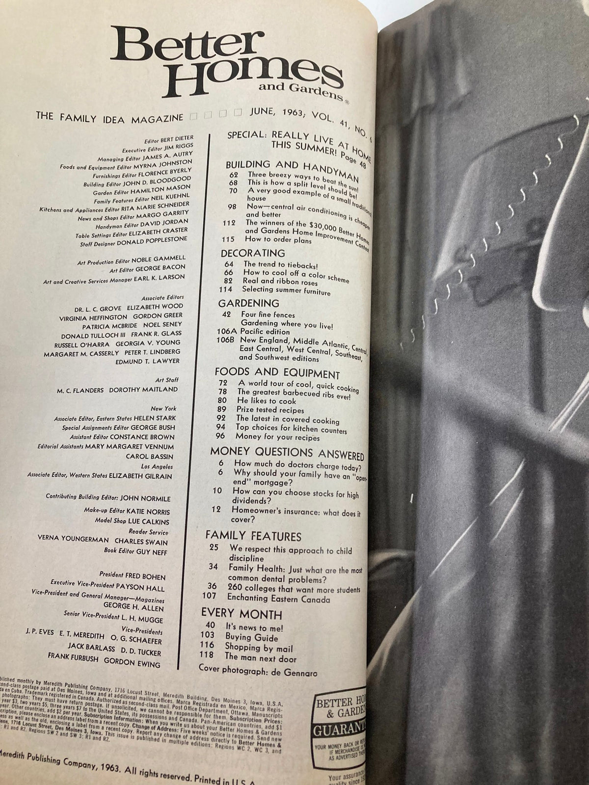 Inside page of the VTG Better Homes and Gardens Magazine June 1963, displaying the table of contents with articles on home improvement, gardening, and recipes.