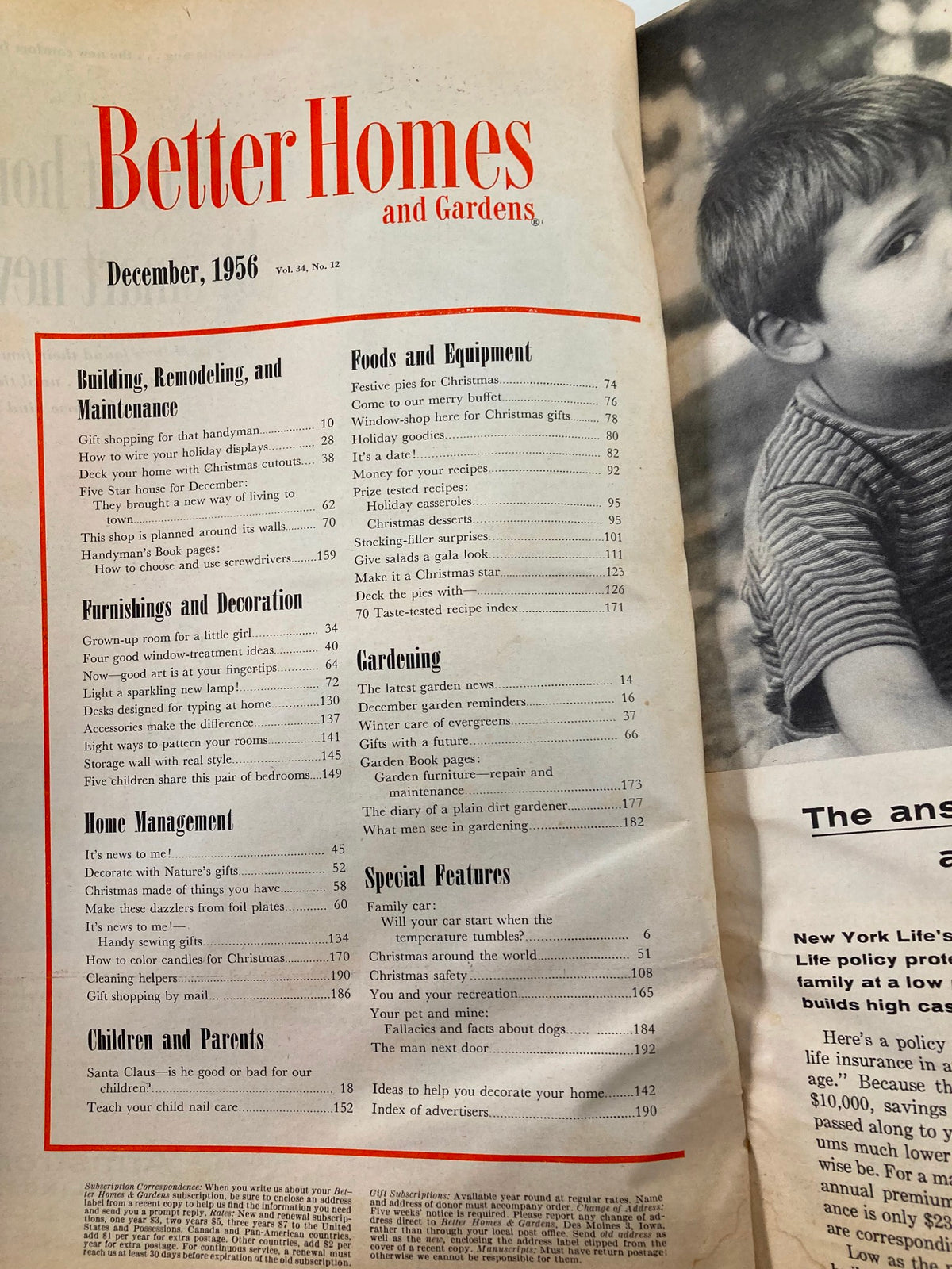 Inside page of the VTG Better Homes and Gardens Magazine December 1956 displaying the table of contents, featuring various topics including gardening, holiday recipes, and home management.