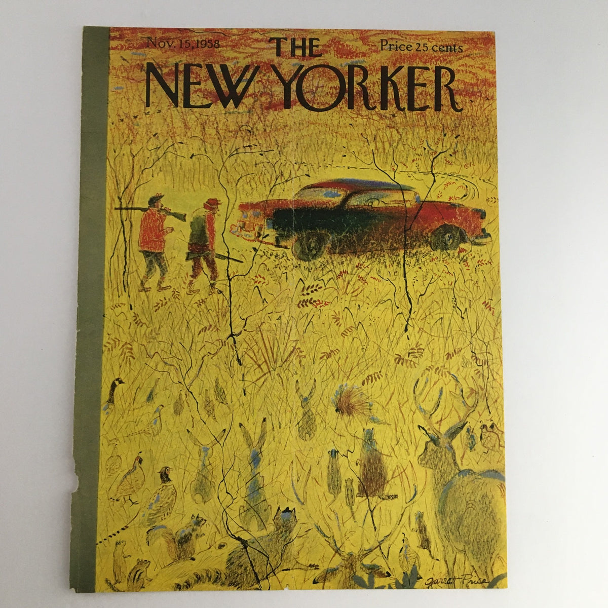 COVER ONLY The New Yorker November 15 1958 Full Cover Theme by Garrett Price showcasing a colorful depiction of a car and wildlife in a grassy field.