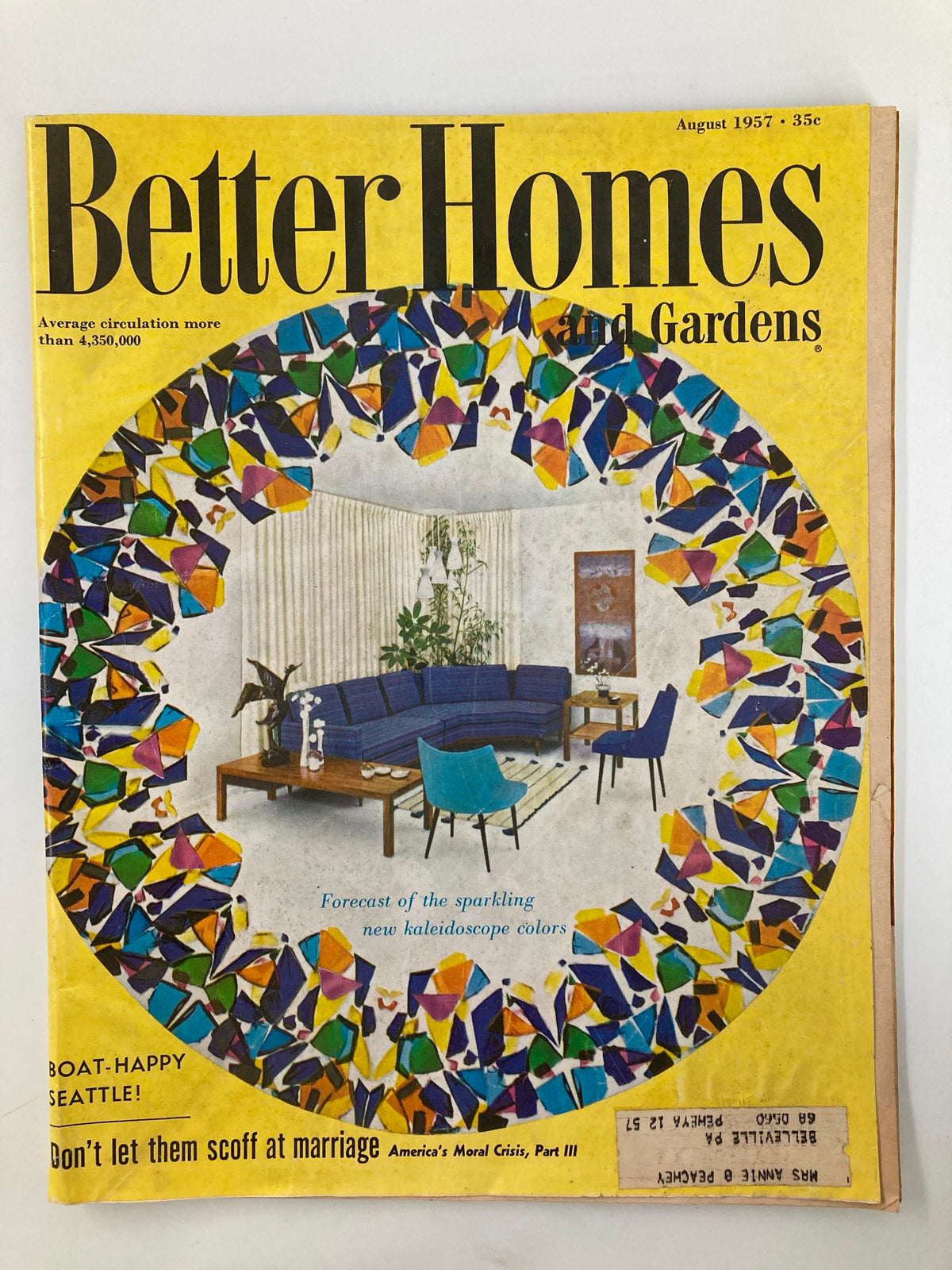 Cover of VTG Better Homes and Gardens Magazine August 1957 featuring colorful design and the article 'Don't Let Them Scoff at Marriage'.