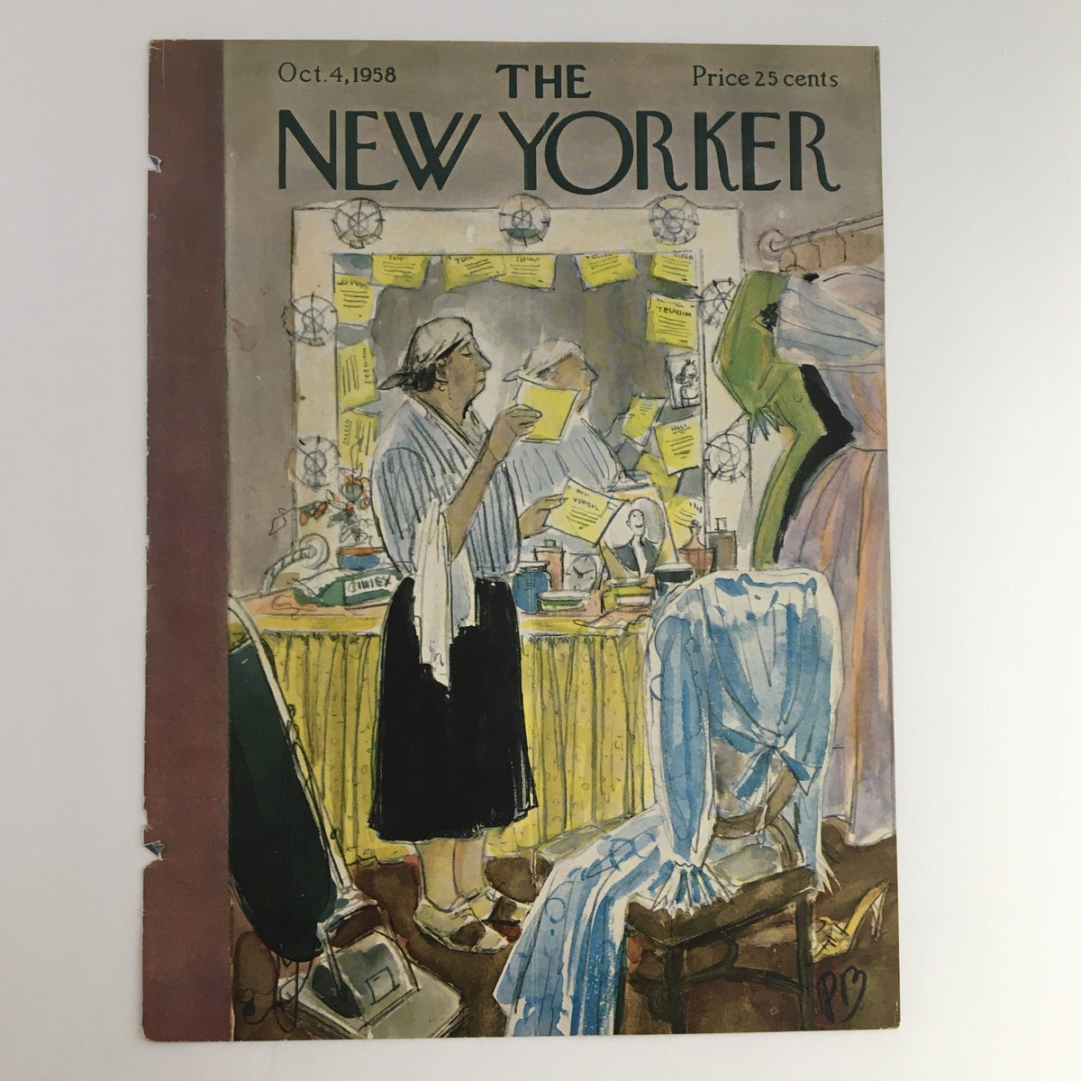 Vintage cover of The New Yorker from October 4, 1958, showcasing a female figure with notes in hand, set against a backdrop of artistic materials, designed by Perry Barlow.