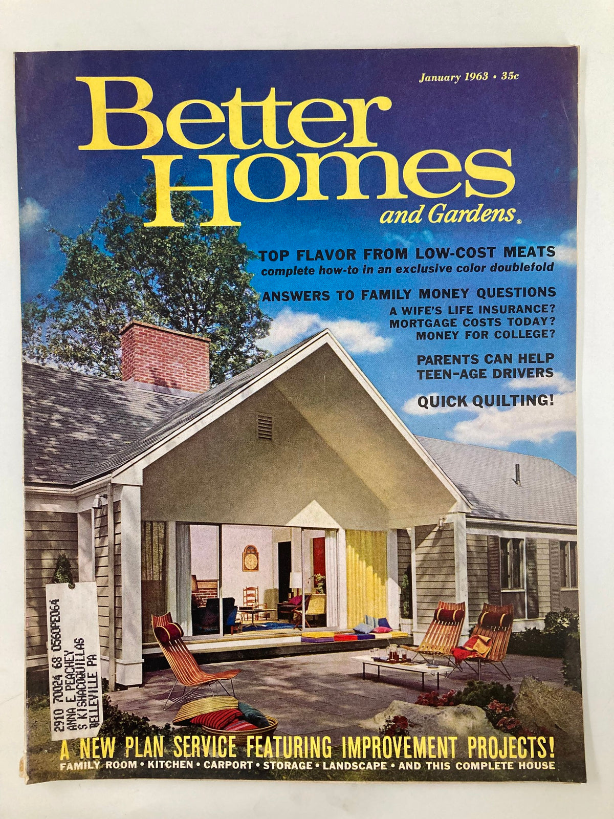 Cover of VTG Better Homes and Gardens Magazine from January 1963 featuring an article on 'Top Flavor From Low Cost Meat' with a colorful home exterior and outdoor seating design.
