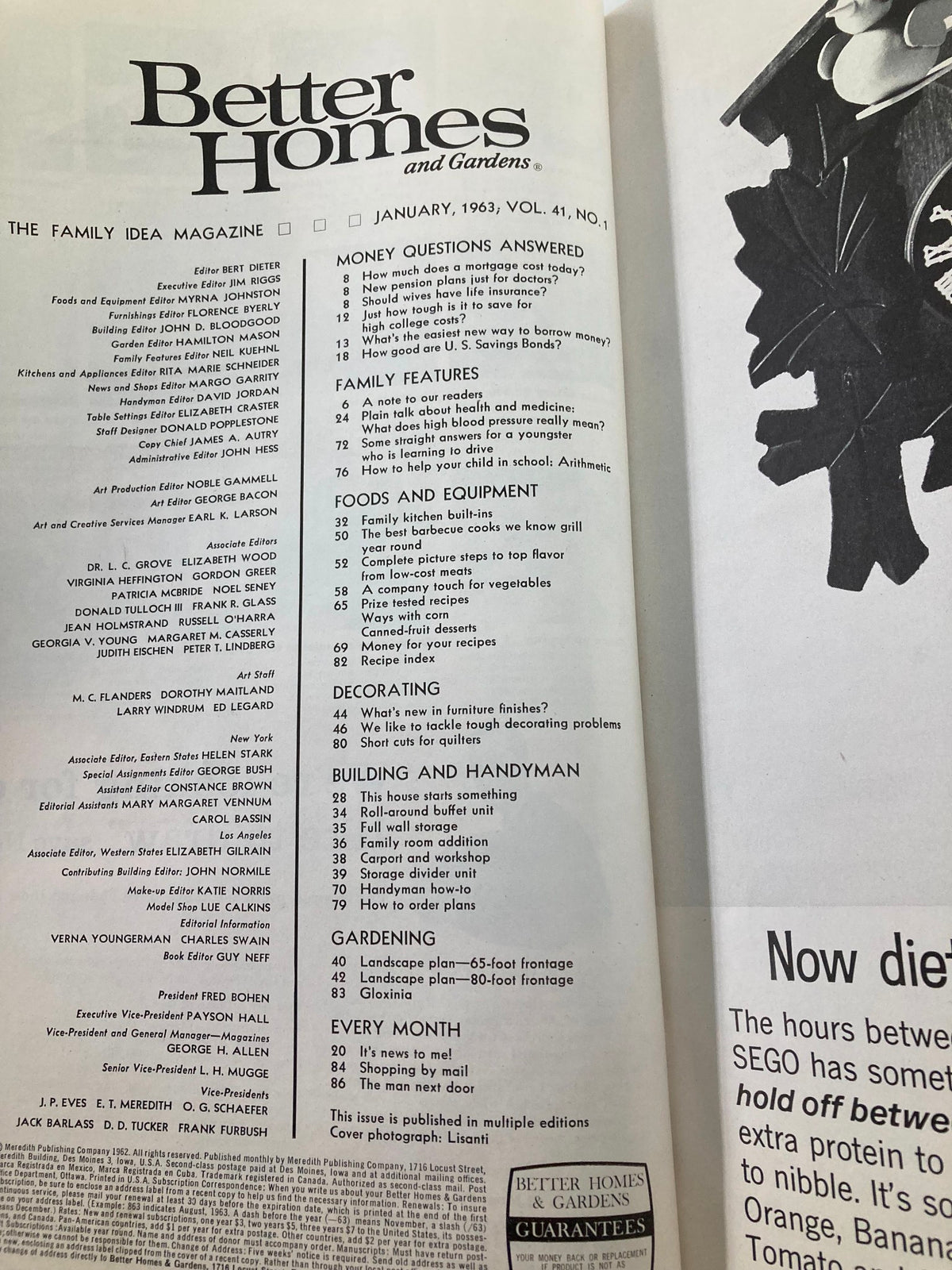 Interior page of the January 1963 VTG Better Homes and Gardens Magazine, featuring the table of contents and a collection of articles focused on family, food, and gardening.