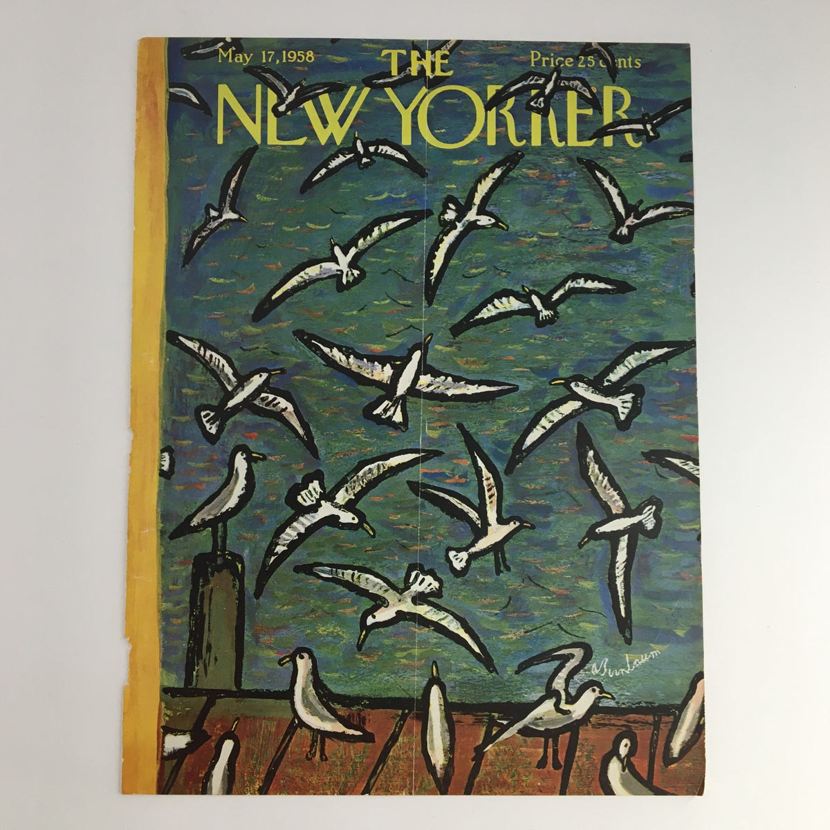 Front cover of The New Yorker magazine dated May 17, 1958, showcasing an artistic depiction of various seagulls flying over water, designed by Abe Birnbaum.