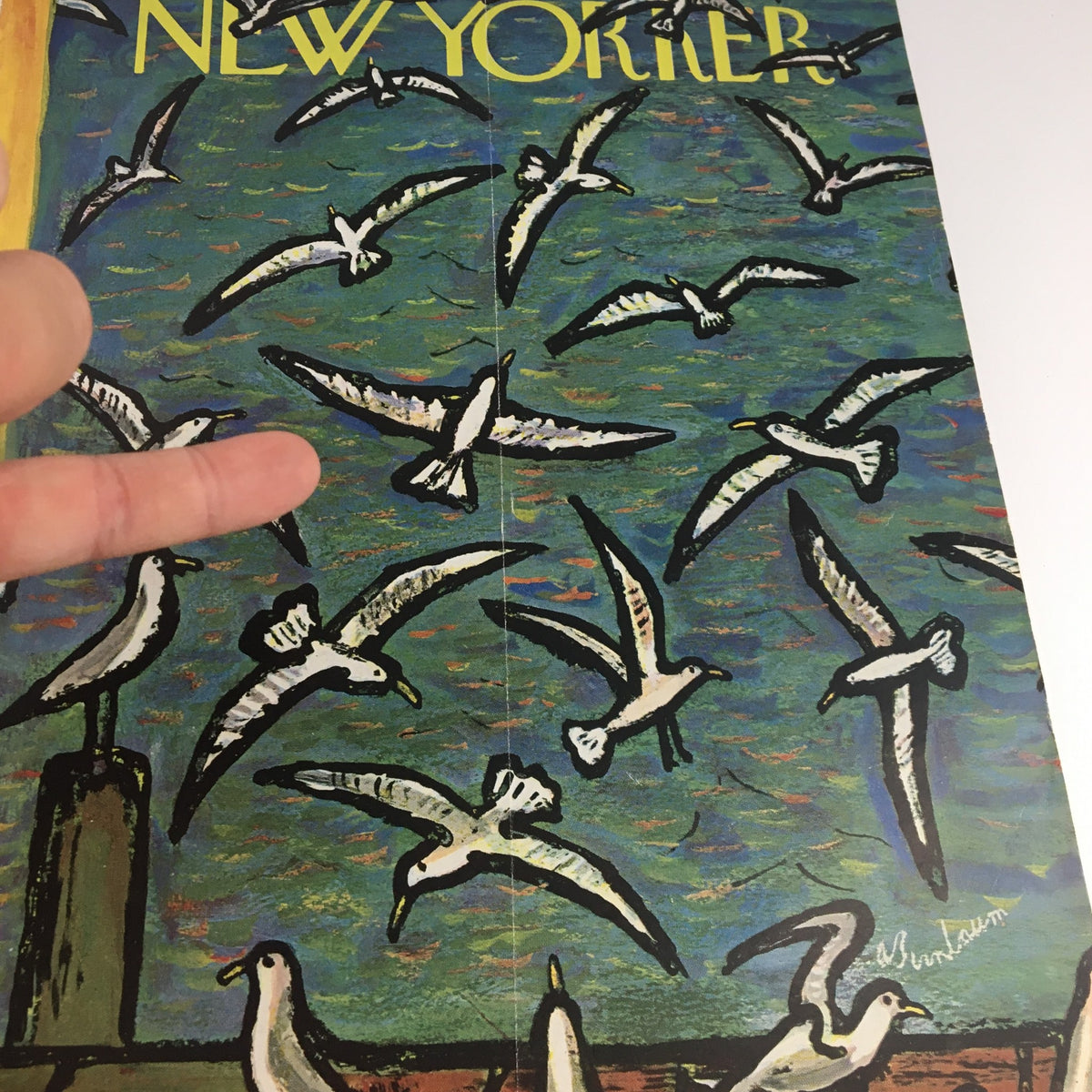 Detailed view of the 'The New Yorker' magazine cover illustration with seagulls, created by Abe Birnbaum, dated May 17, 1958. Perfect for enthusiasts of classic art and magazine memorabilia.