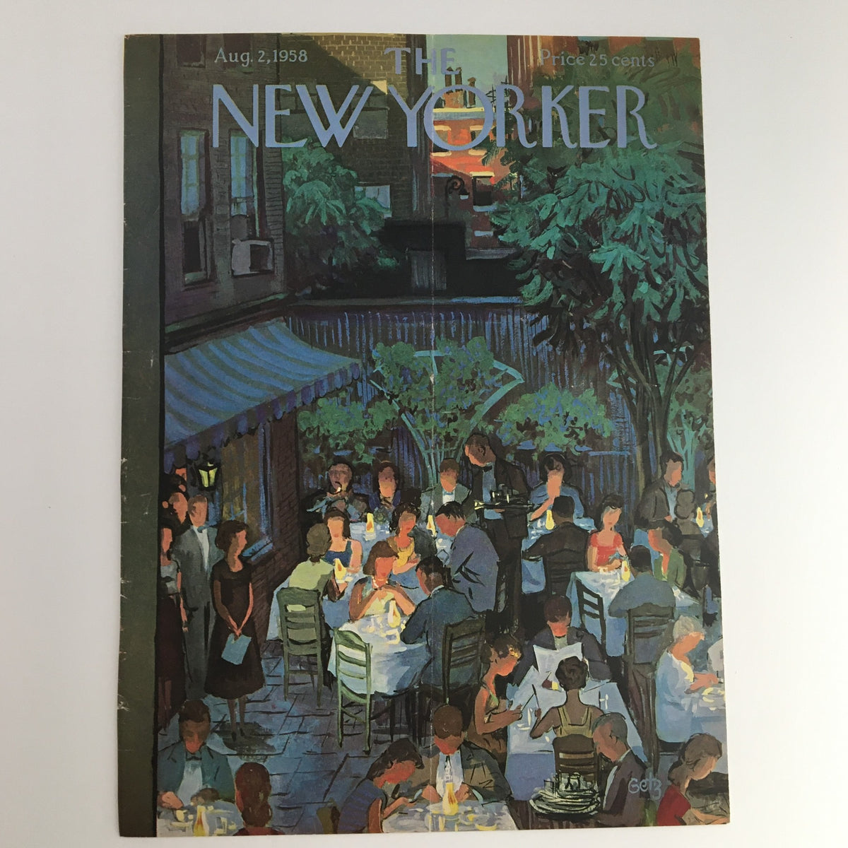 Front cover of The New Yorker, August 2, 1958, displaying an illustration by Arthur Getz of a lively outdoor restaurant with diners enjoying their meals.