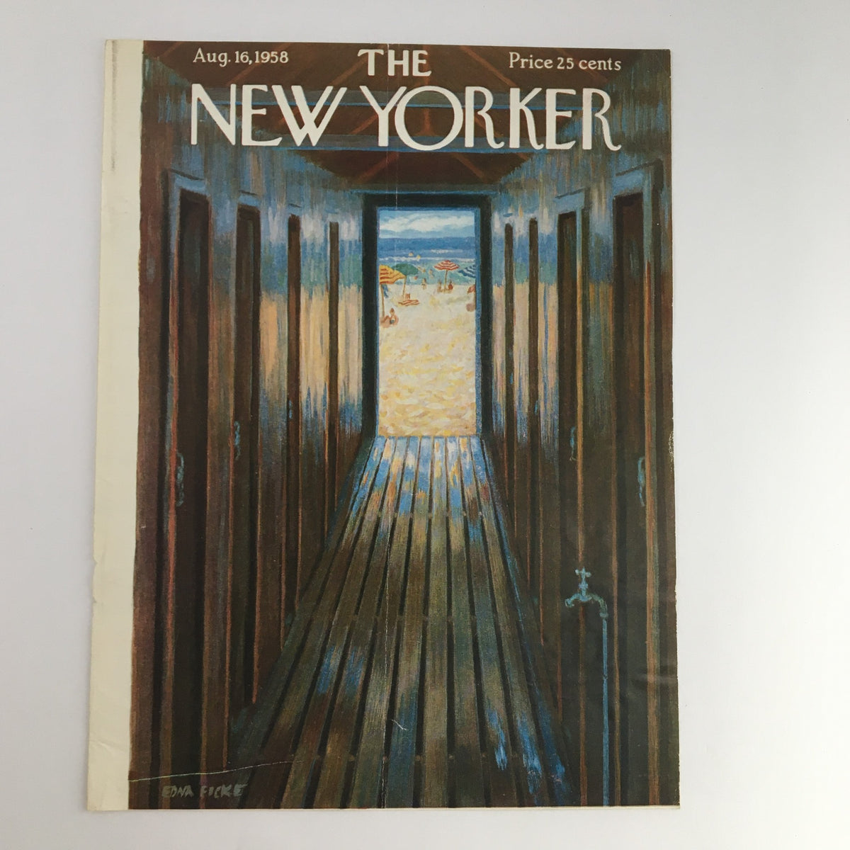 COVER ONLY The New Yorker August 16 1958, featuring a beach scene through an open door with a wooden walkway in front. Artwork by Edna Eicke, good condition, minor wear on edges.