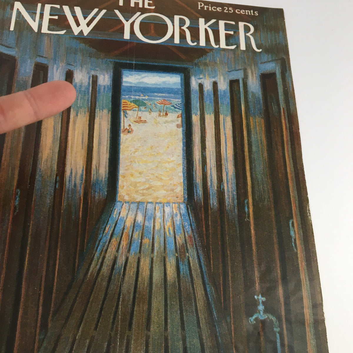 COVER ONLY The New Yorker August 16 1958, showing a beach view framed by wooden doors, with a person's finger pointing towards the opening. Theme artwork by Edna Eicke, good condition with a folded crease.