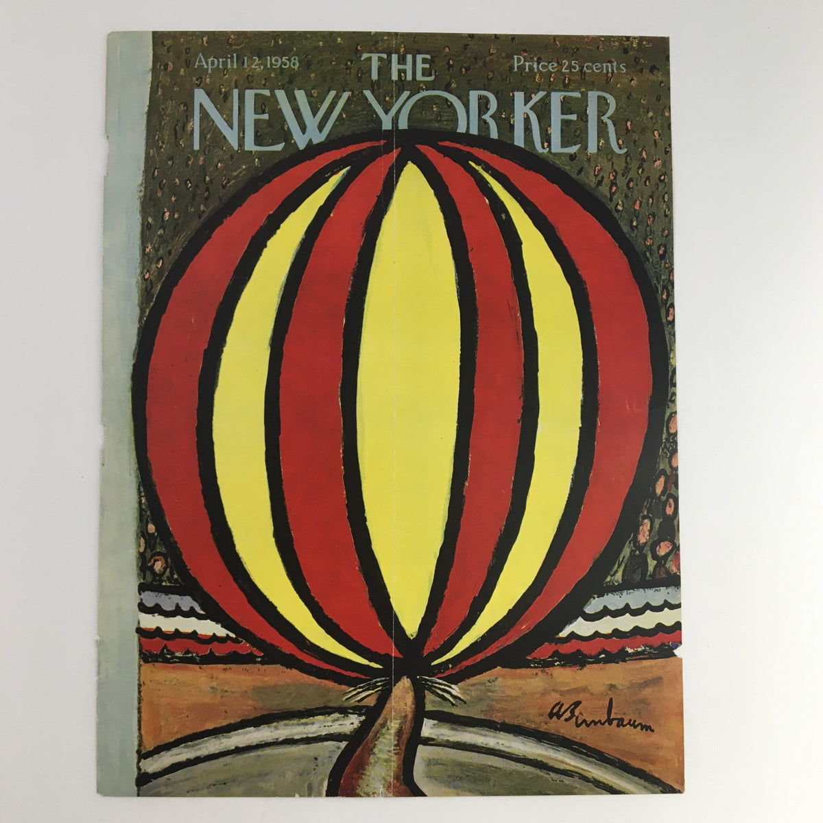 The New Yorker April 12 1958 Full Cover Theme by Abe Birnbaum featuring a vibrant hot air balloon design in red, yellow, and black on a textured background.