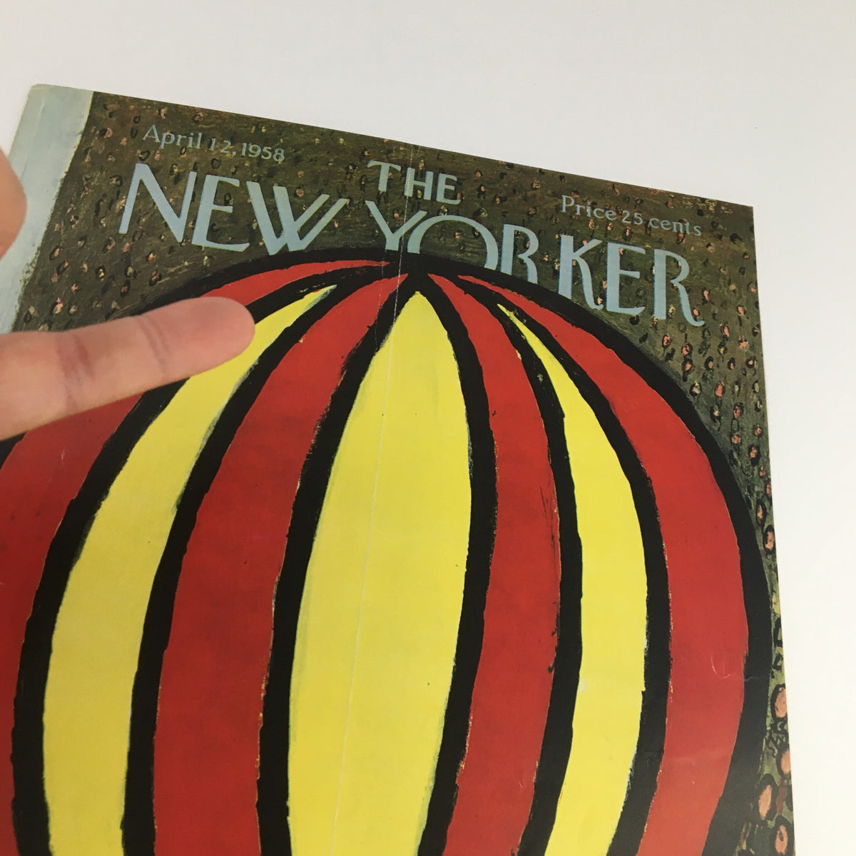 The New Yorker April 12 1958 Full Cover Theme by Abe Birnbaum with a close-up of the colorful hot air balloon, highlighting its striking red and yellow stripes.