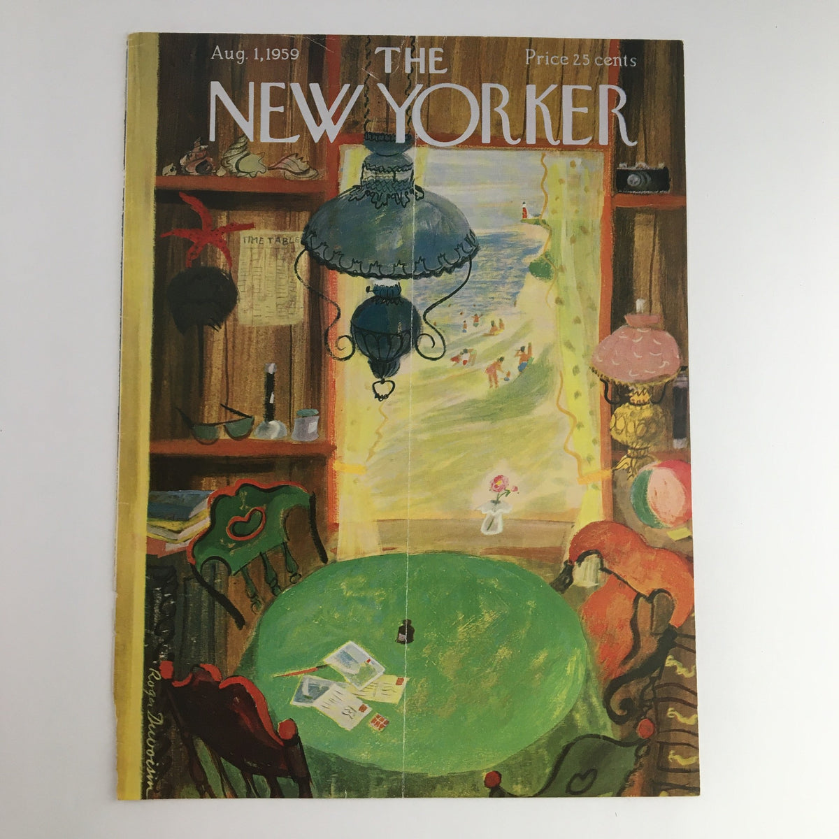 Vintage magazine cover of The New Yorker dated August 1, 1959, featuring an interior scene with a green table, lamps, and a view through a window depicting beachgoers, designed by Roger Duvoisin.