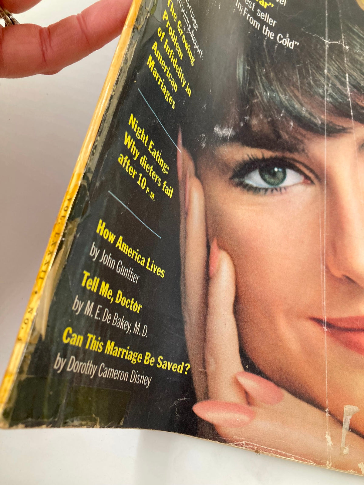 Detailed view of the spine of the VTG Ladies' Home Journal Magazine April 1965, revealing additional article titles such as 'How America Lives' and 'Can This Marriage Be Saved?'