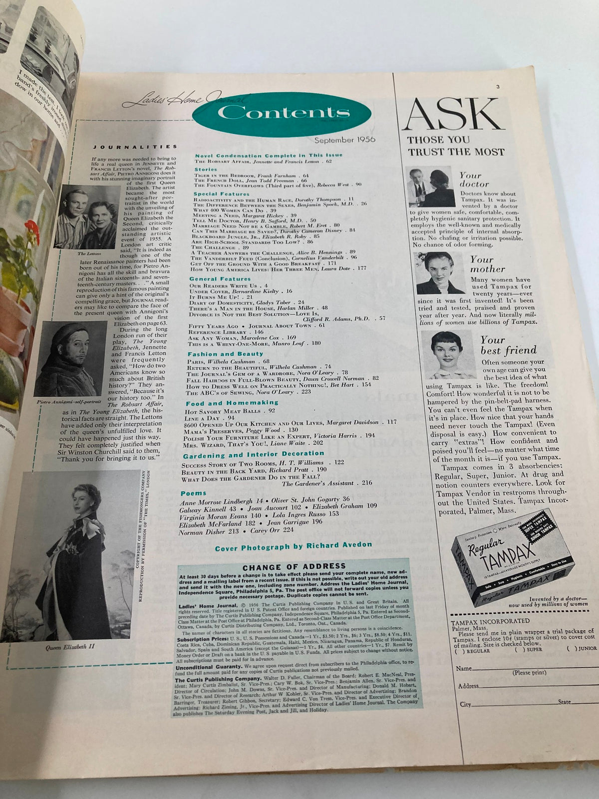 Contents page of the Ladies' Home Journal Magazine, September 1956, detailing featured articles and topics such as 'Must Marriage Be A Gamble?' and including a photograph of Queen Elizabeth II.